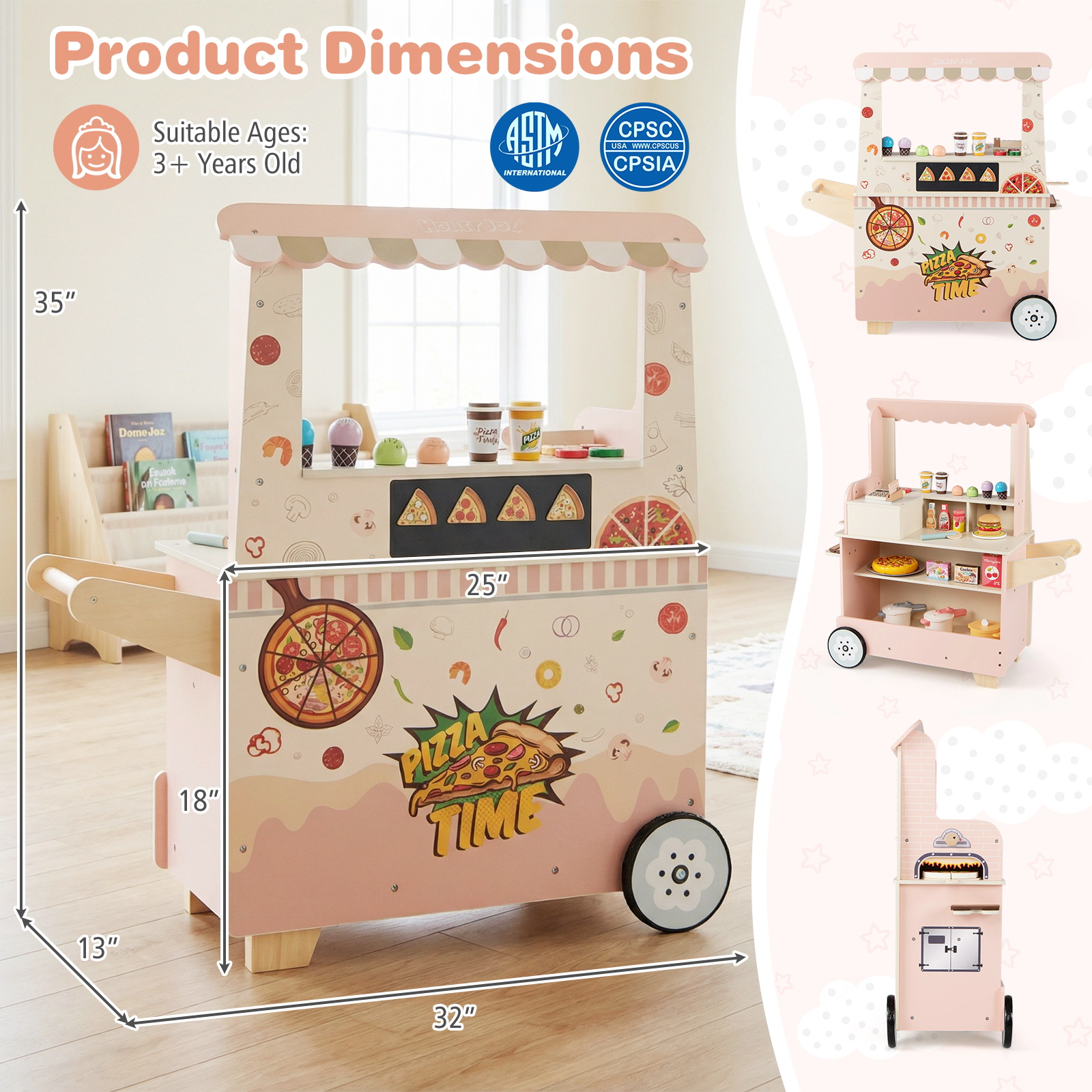 LJG Kids Pizza Food Truck Wooden Pretend Play Snack Cart with Oven