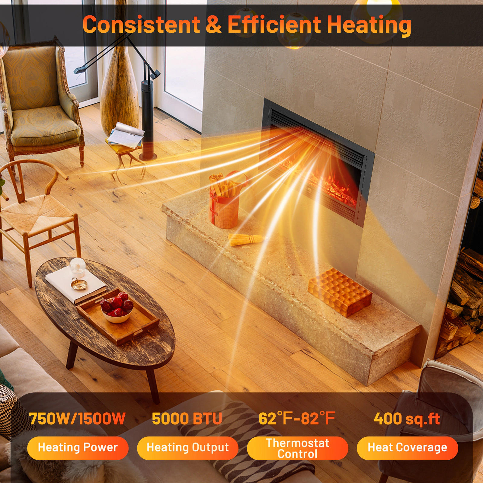 SUGIFT 33-in Electric Fireplace Insert 750W/1500W Recessed Heater 5000 BTU Adjustable Thermostat Black