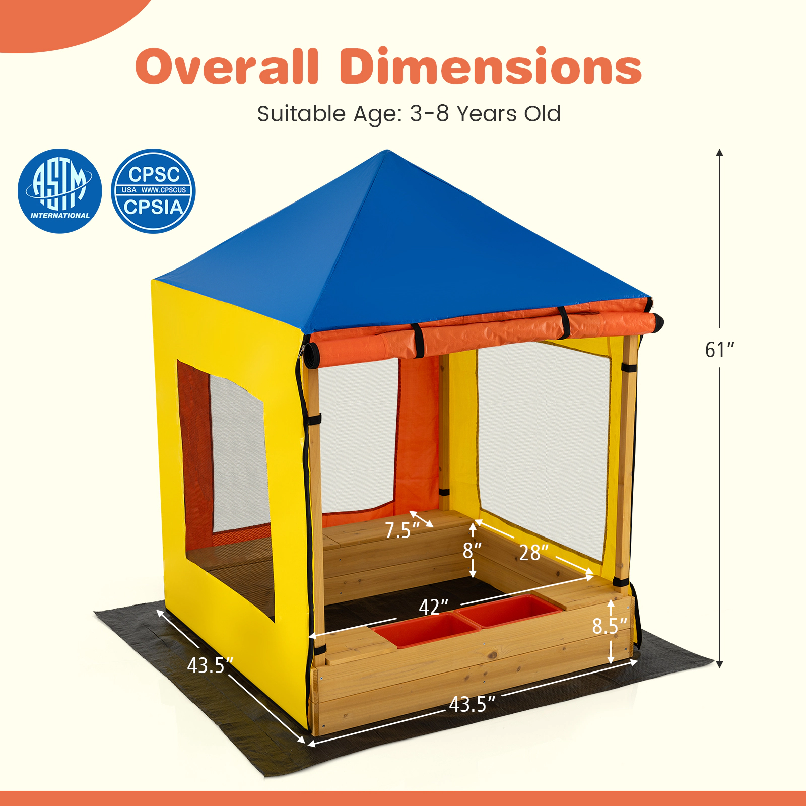 SUGIFT Multicolor Full Canopy Mesh Windows and Bottom Liner Kids Wooden Sandbox
