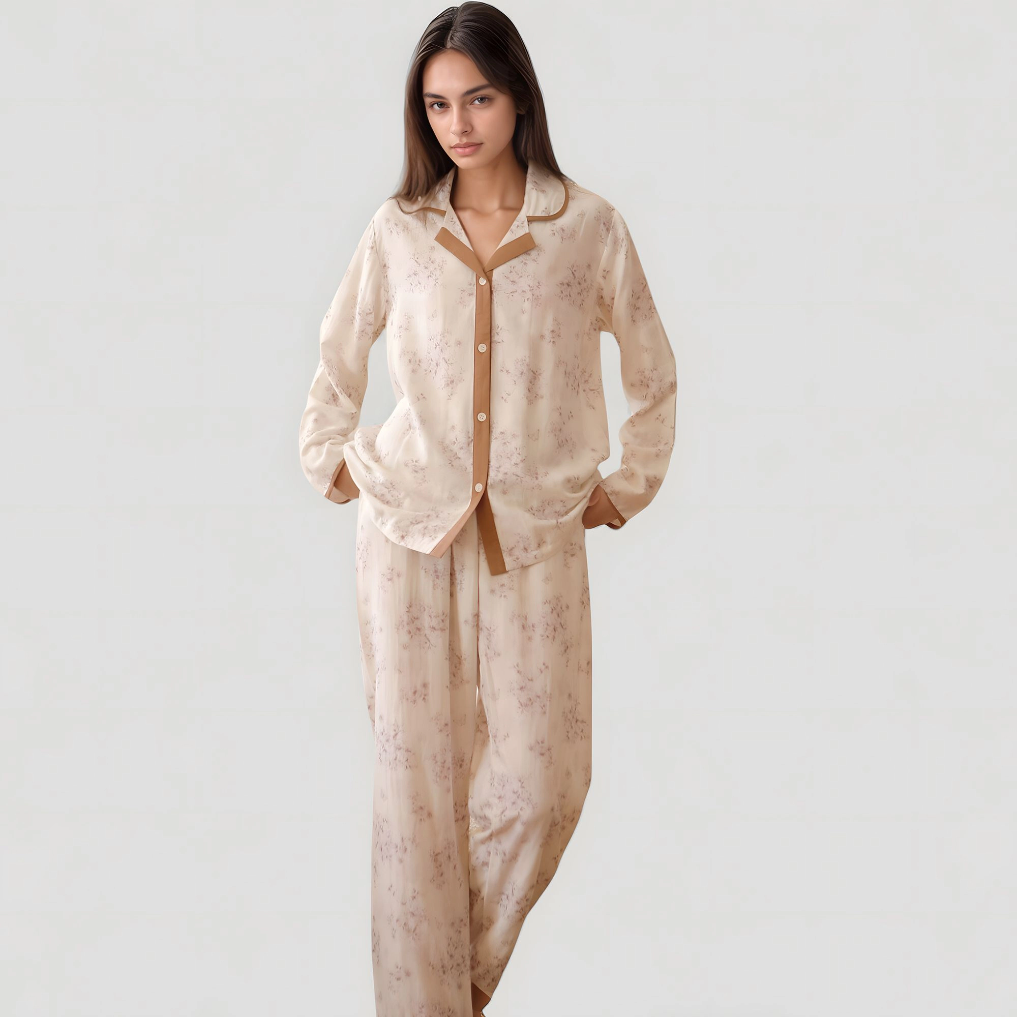 Anna-Kaci Women's Floral Print Long Sleeve Pajama Set with Contrast Piping Trim and Relaxed Button Up Shirt