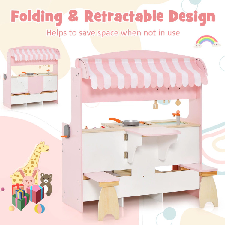 Hivvago Double-Sided Kids Play Kitchen Set with Canopy and 2 Seats
