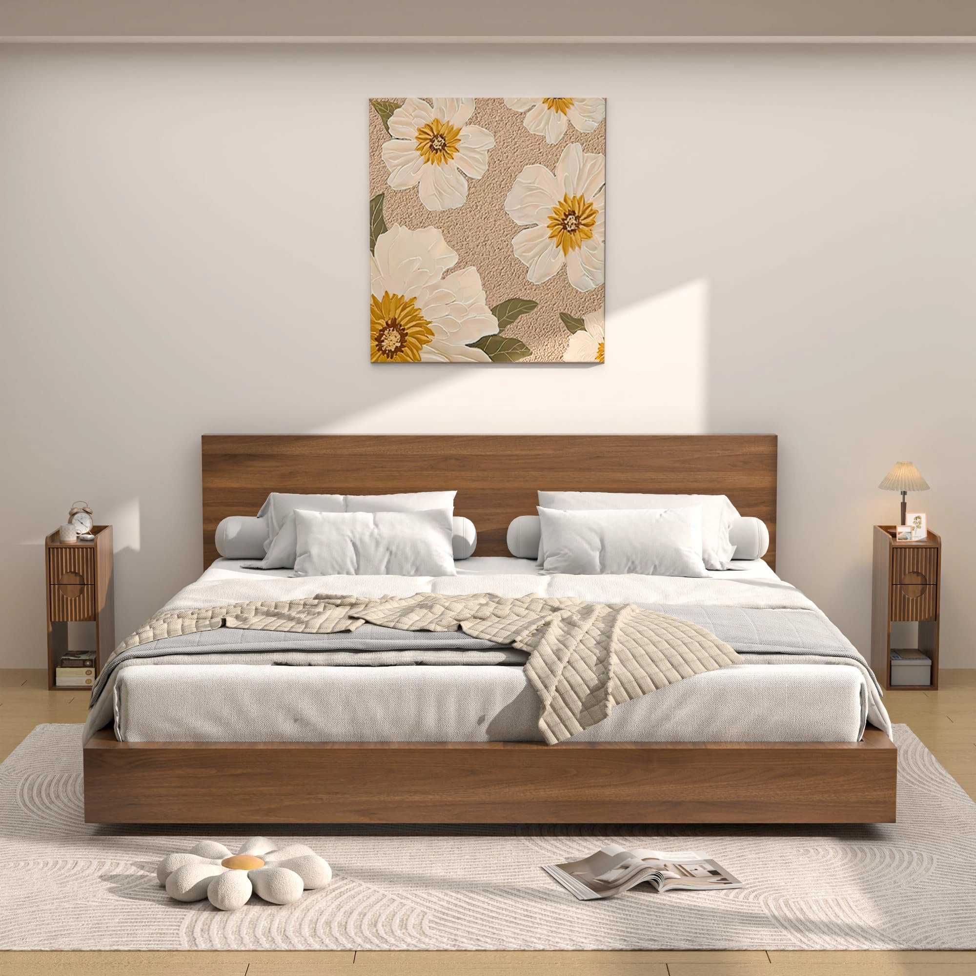 BebreezChic Narrow Nightstand with Charging Station, Slim Bedside Table with Drawer and Open Shelf, Fluted End Table