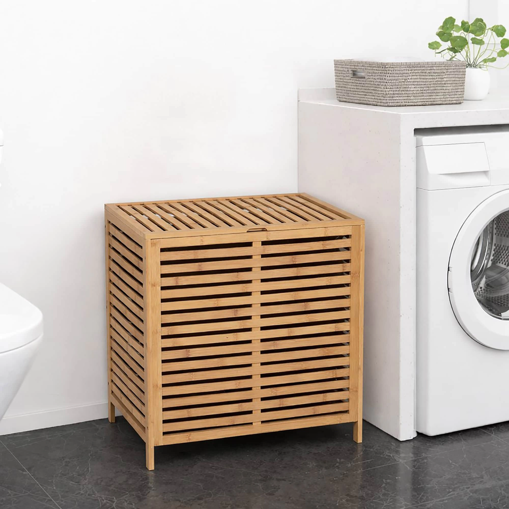 Evideco French Home Goods Bamboo Laundry Hamper with Hinged Lid, Removable Fabric Bag, Natural Bamboo