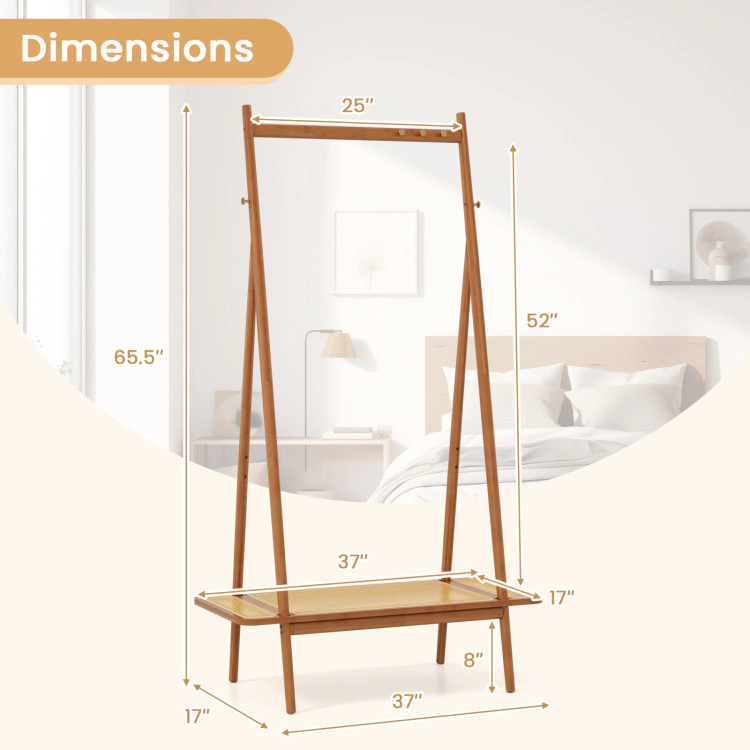 Hivvago Bamboo Clothes Rack with Hanging Rod Rattan Shelf and Copper Hooks