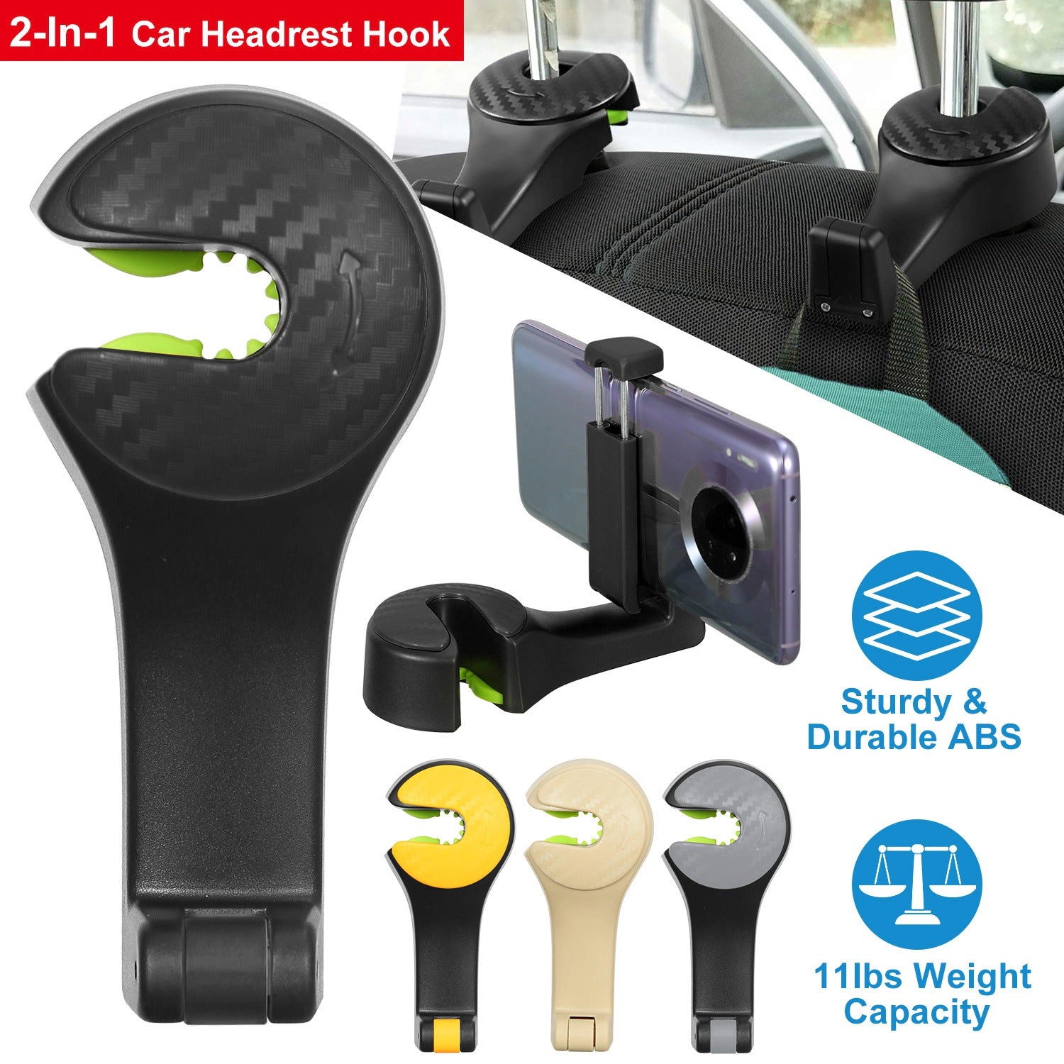 GBruno 2-in-1 Car Headrest Hook With Phone Holder