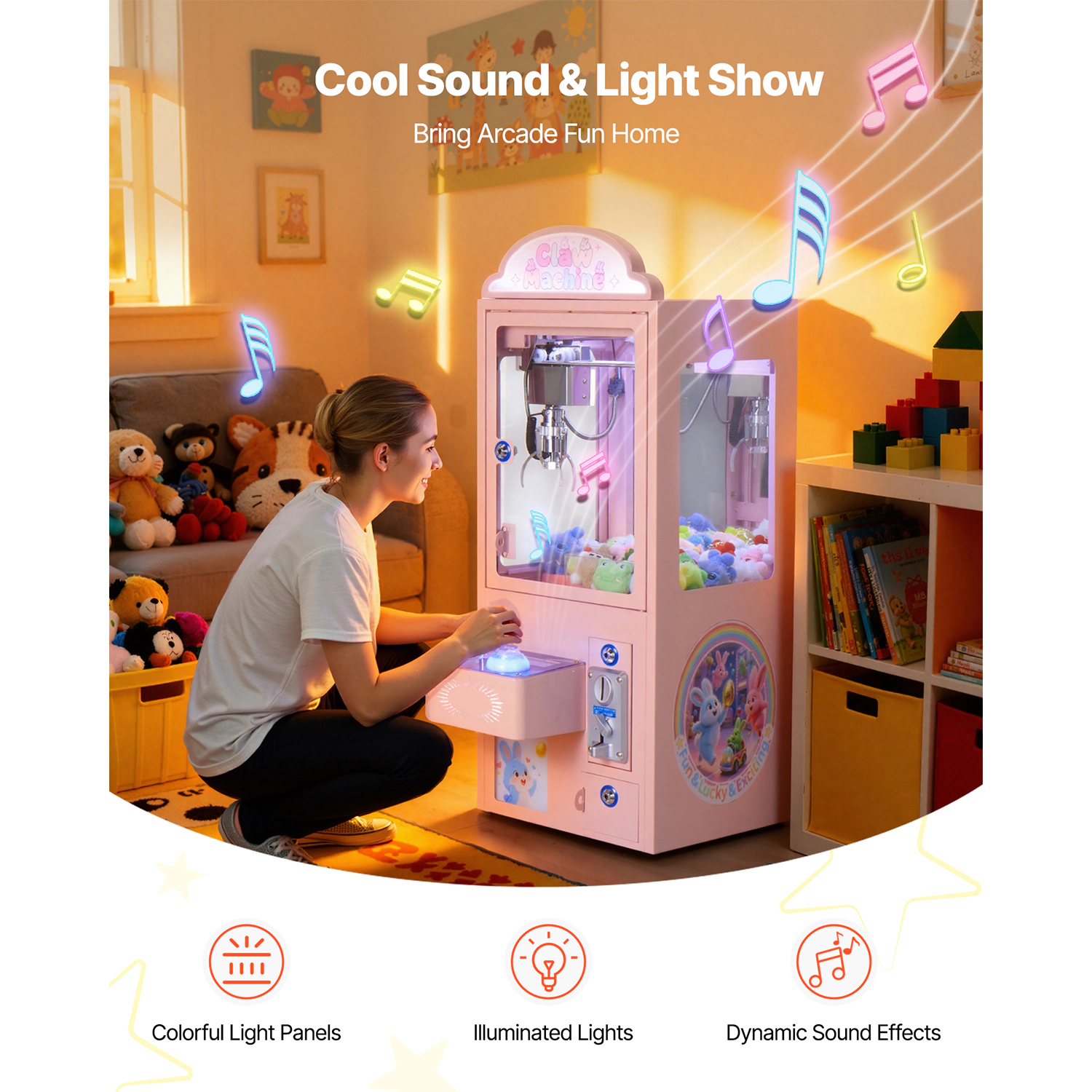 HONGGE Pink Claw Crane Machine with Light & Sound, Adjustable Steel Claw Arcade Game for Home Parties & Cinemas