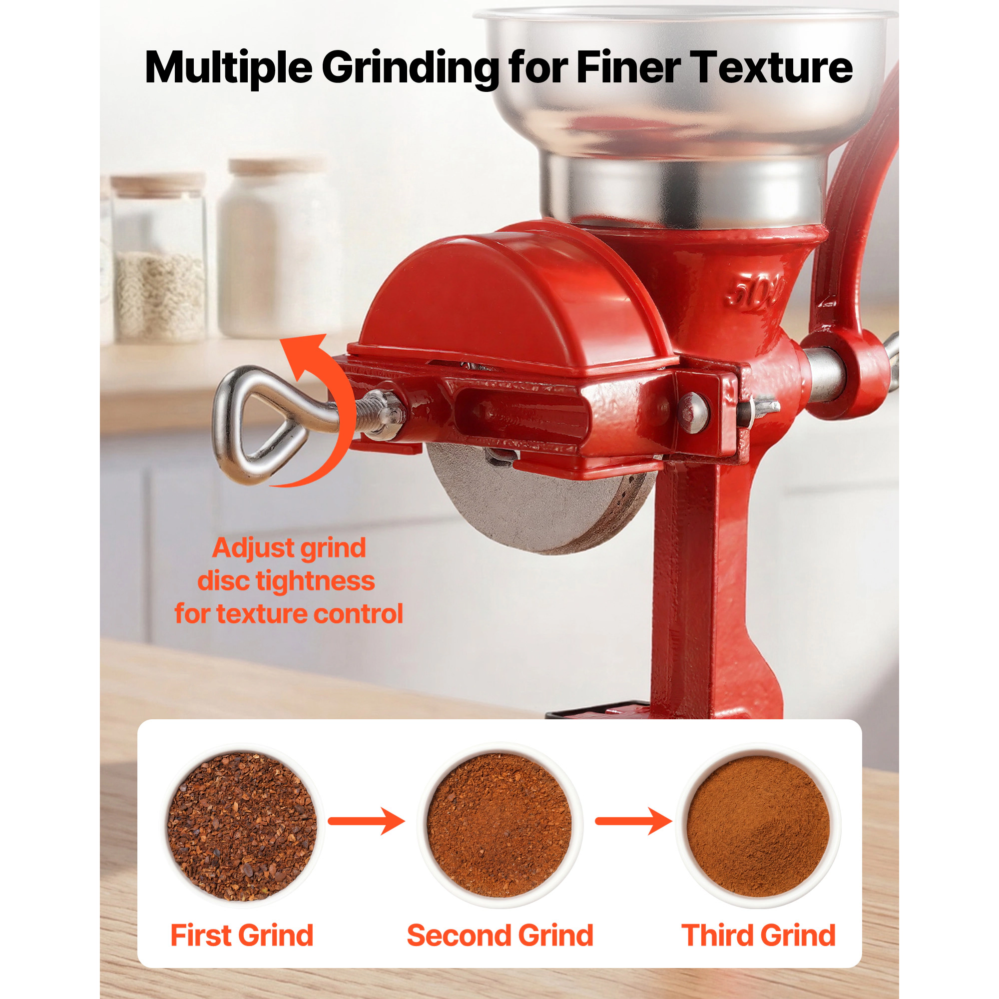 HONGGE Manual Grain Mill with Hopper, Hand-Crank Corn Grinder, Heavy Duty Cast Iron Wheat Grinding