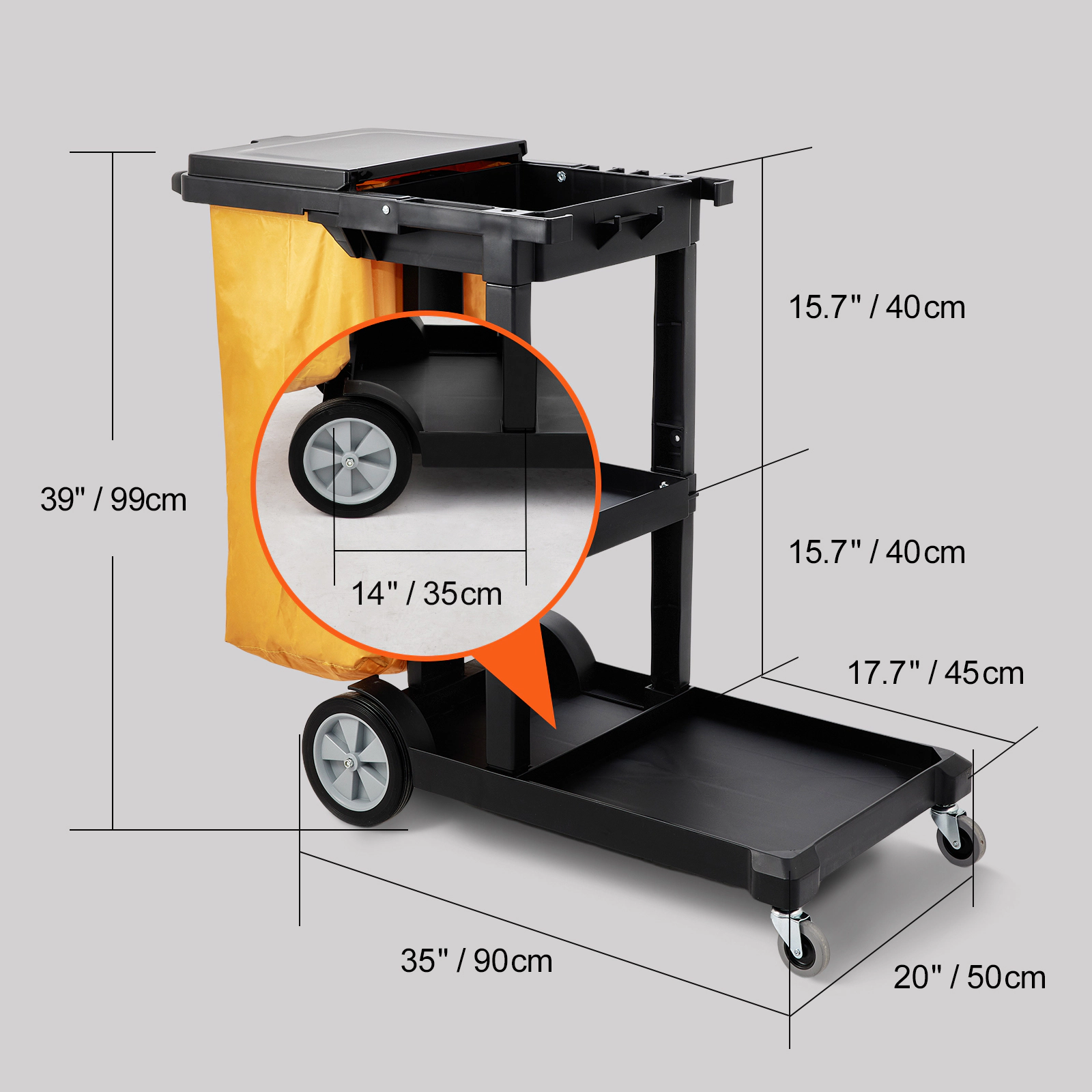 HONGGE 3-Shelf Commercial Cleaning Cart with Covered Trash Bag, 200 lbs Capacity, Rolling Janitorial Cart, Yellow