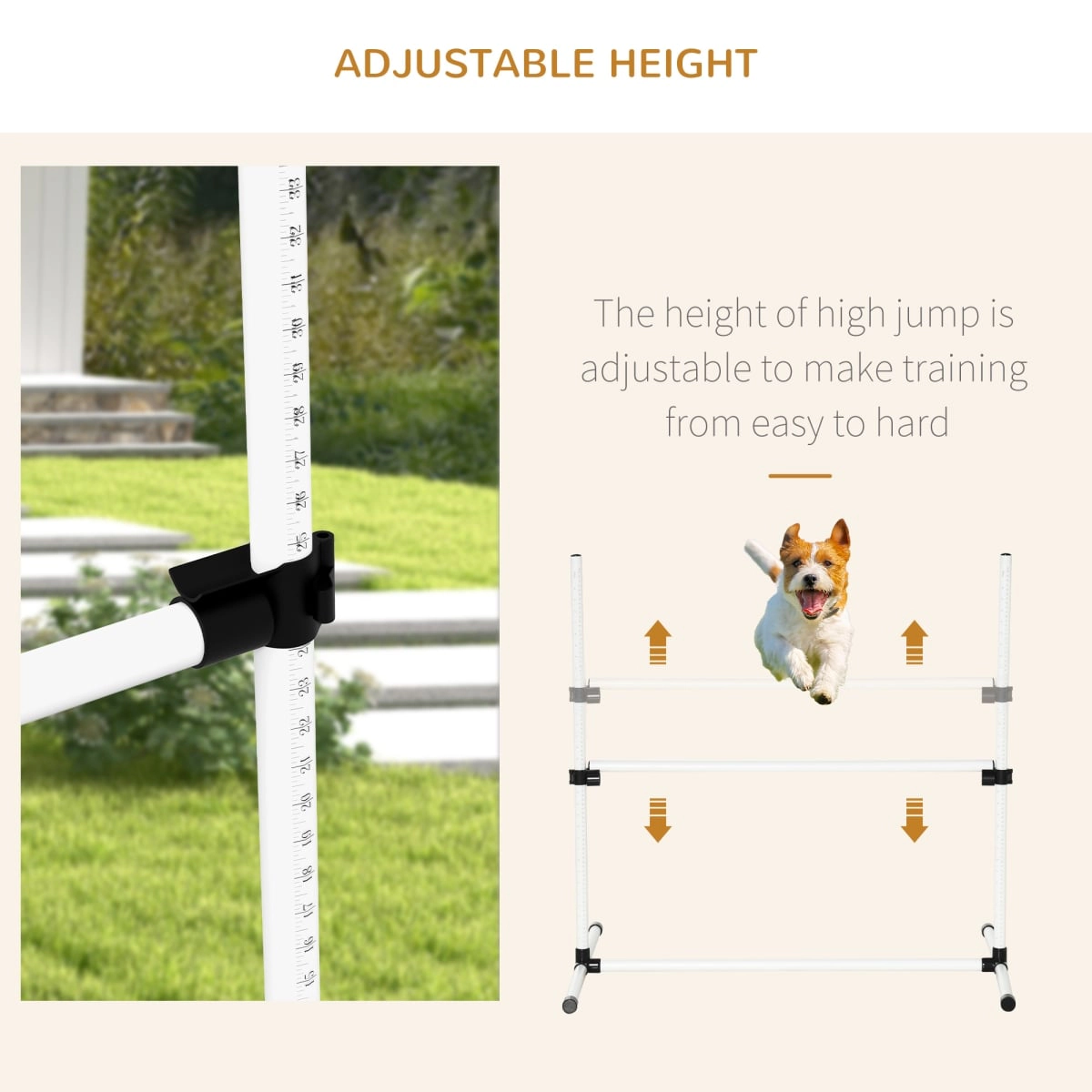 212 Main Paw Hut 6 Piece Dog Agility Set with Adjustable Height Jump Bars, Carry Bag & Displacing Top Bar - White