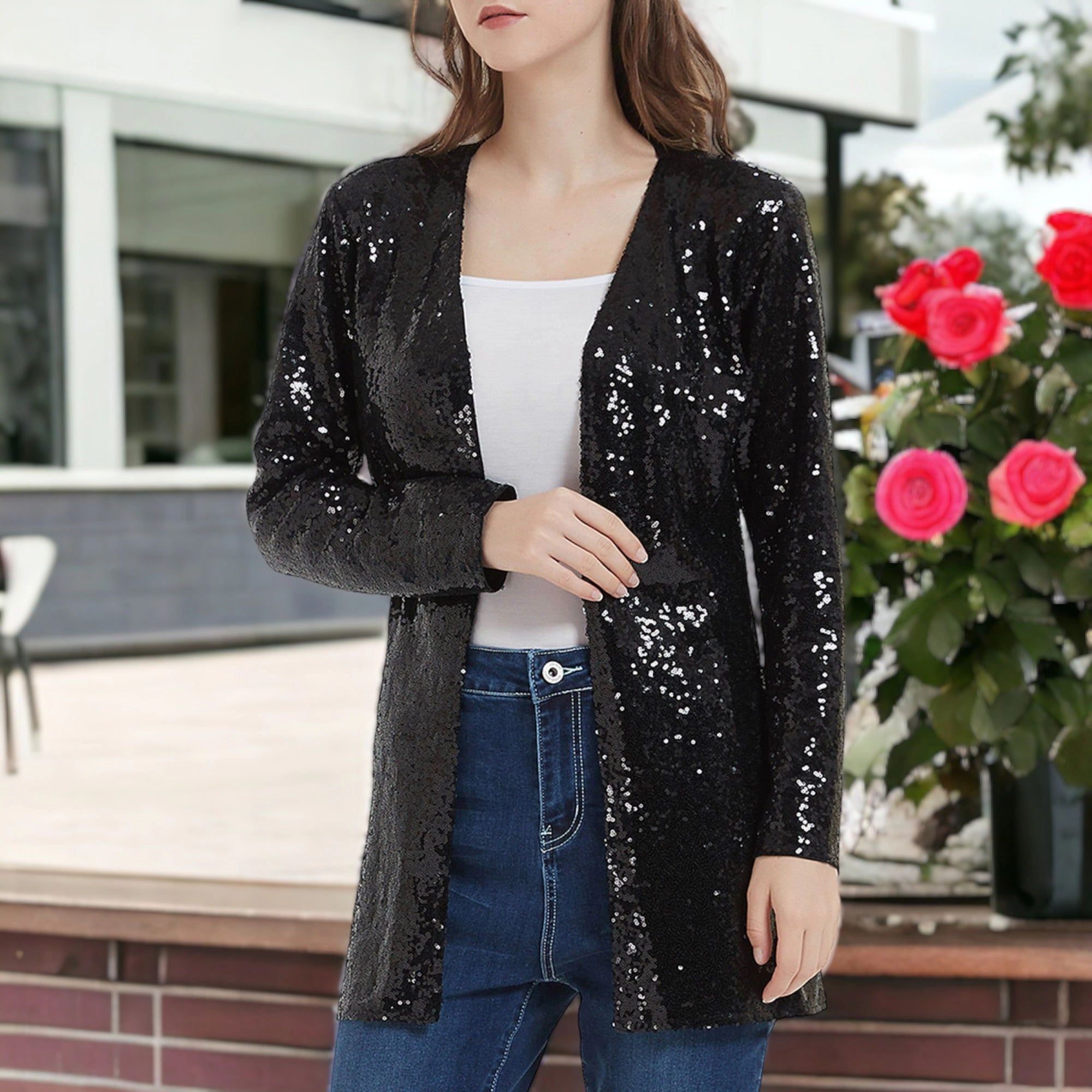 Anna-Kaci Women's Sequin Jacket Open Front Blazer