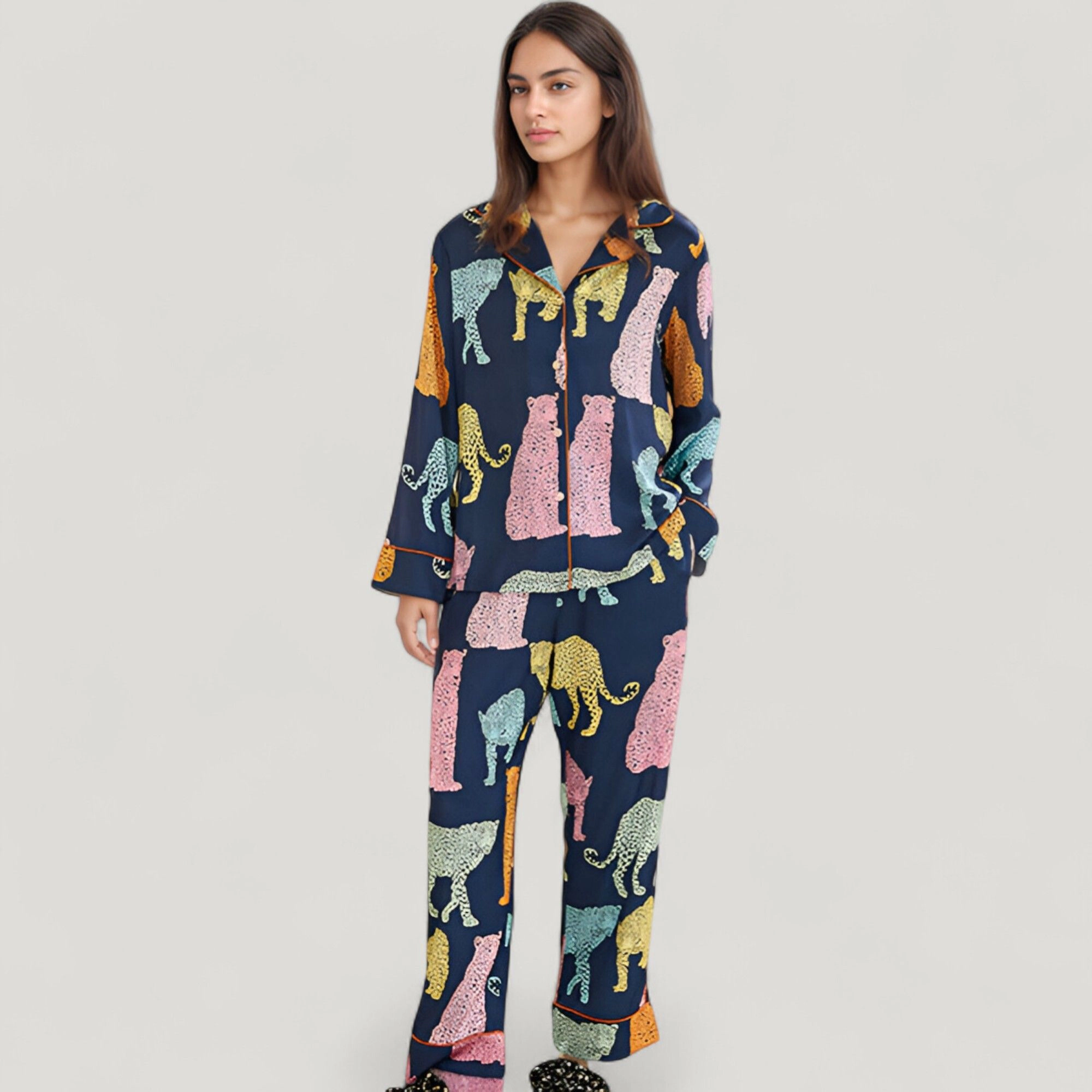 Anna-Kaci Women's Satin Multicolor Leopard Print Pajama Set with Button Up Long Sleeve Shirt and Relaxed Fit Pants