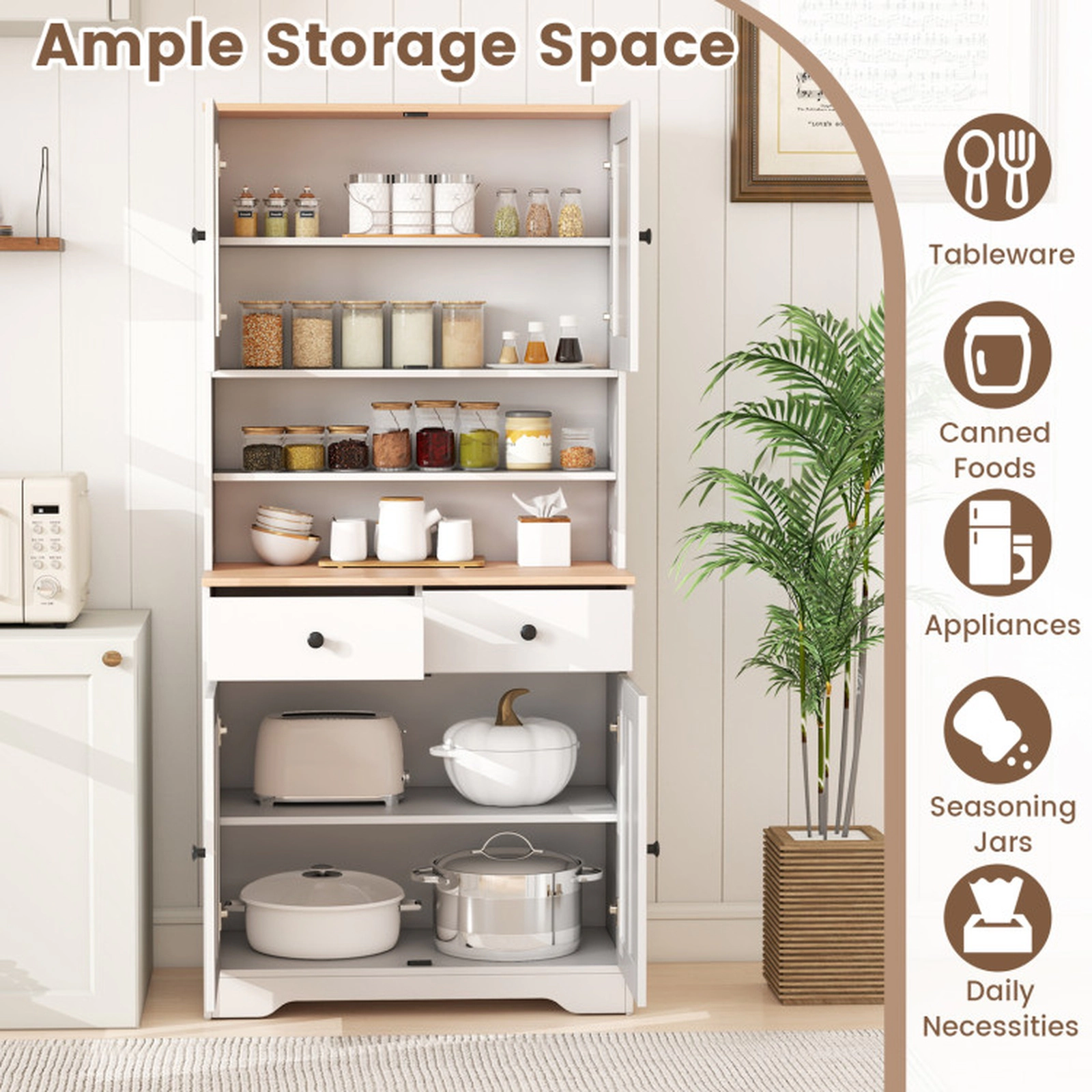 SUGIFT Adjustable Storage Pantry Cabinet Sideboard with 2 Shelves 67-in Tall Black/White Engineered Wood and Glass