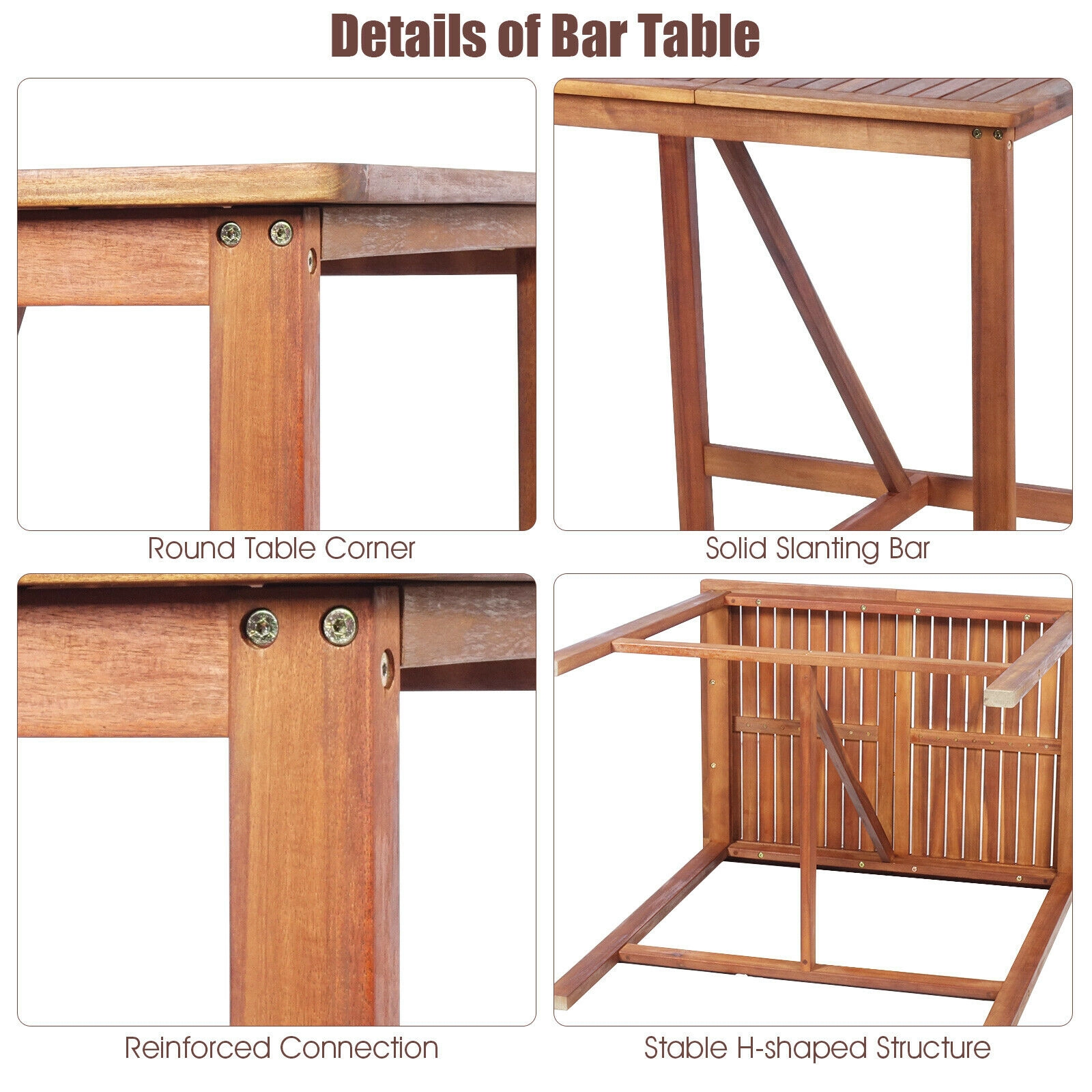 SUGIFT 3-Piece Acacia Wood Patio Bar Set, 35.5-Inch Table and 29-Inch Seat Stools