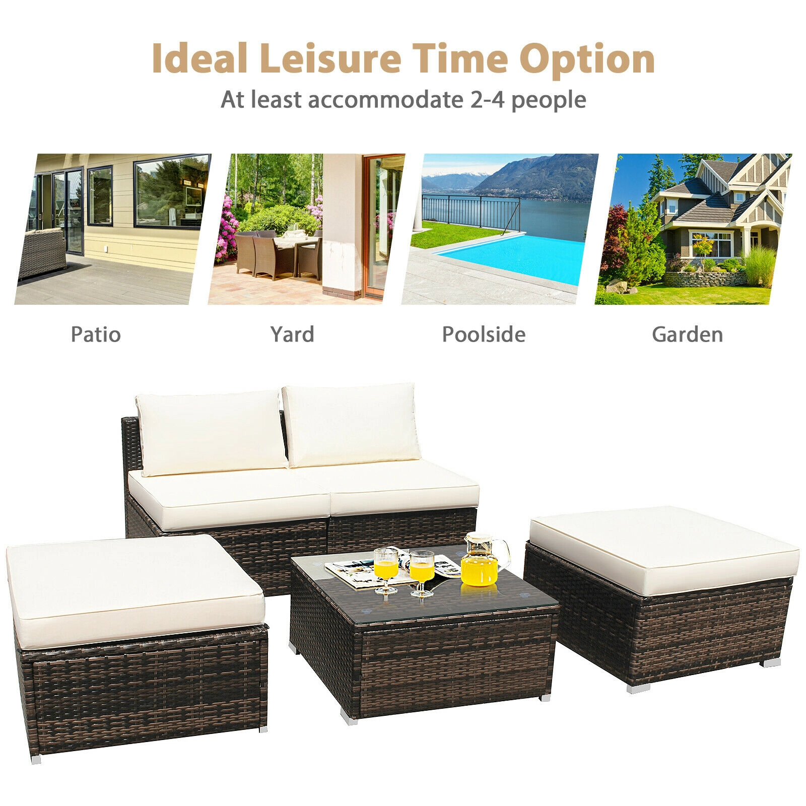 SUGIFT Armless Sofas Ottomans and Coffee Table 5-Piece White Patio Rattan Set
