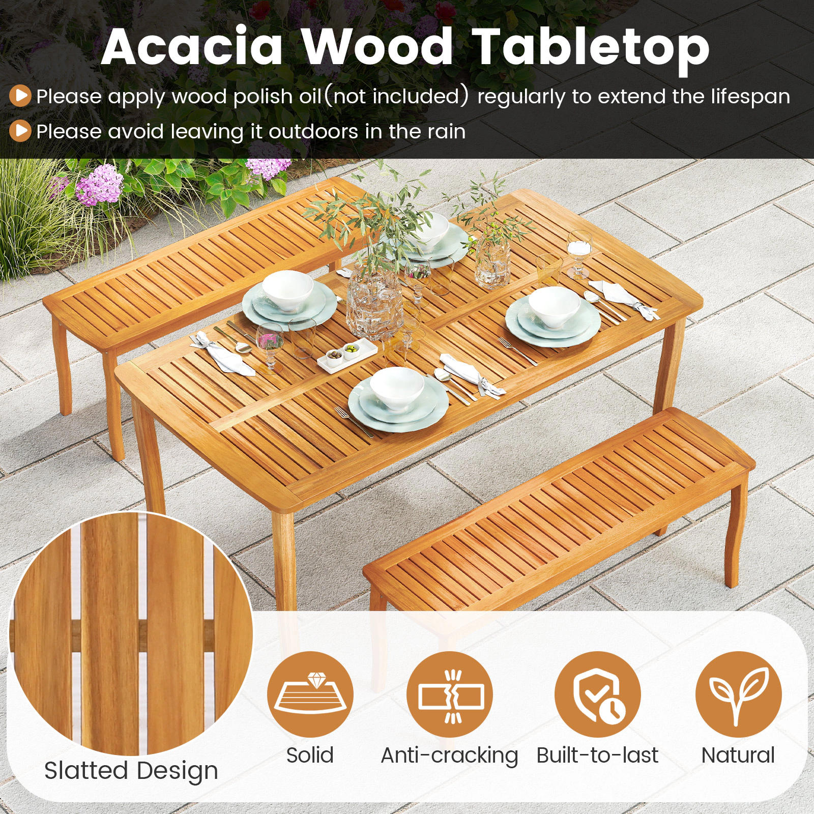 SUGIFT 63-In Natural Acacia Wood Farmhouse Patio Dining Table with Umbrella Hole