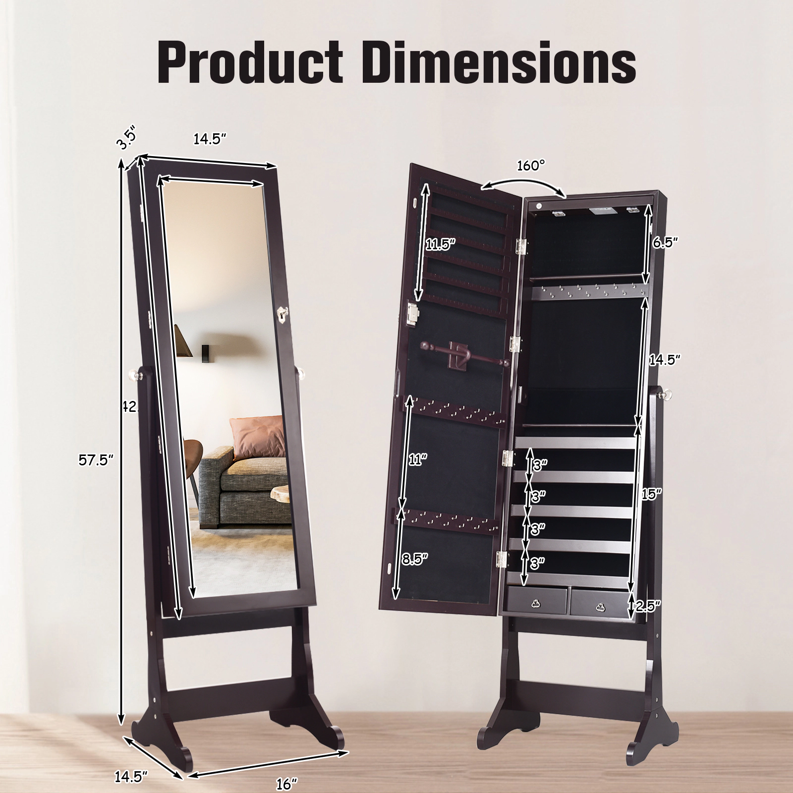 Glintex Freestanding Jewelry Cabinet with Stand 8 LED Lights and Full Mirror, Brown