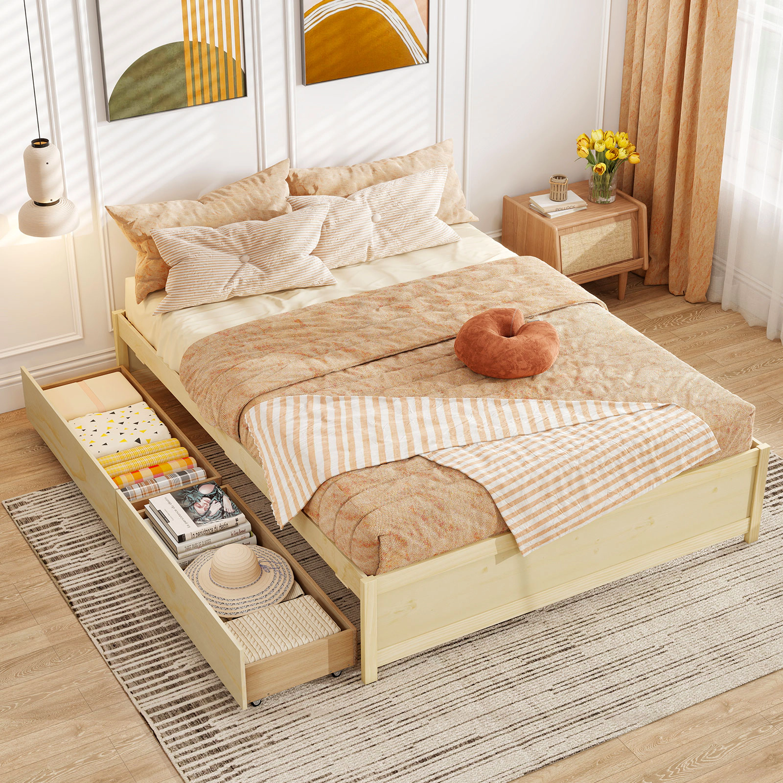 SUGIFT Queen Size Bed Frame with 2 Rolling Storage Drawers 300-lb Capacity 83-in Long Natural/White