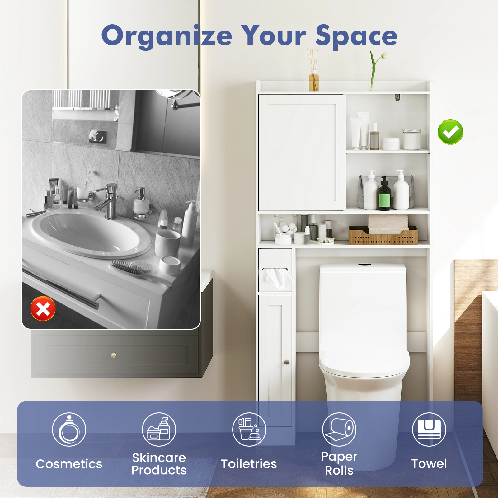 Slickblue Over The Toilet Bathroom Storage Cabinet with Sliding Door and Adjustable Shelf