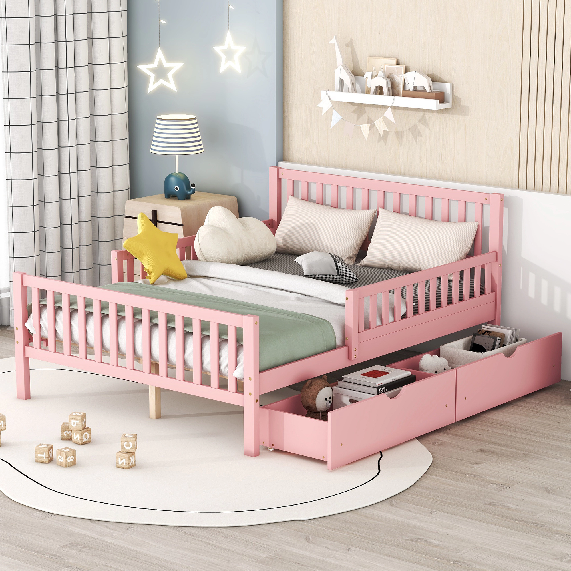 Flynama Full Wood Platform Bed with Guardrails & 2 Storage Drawers, Pink