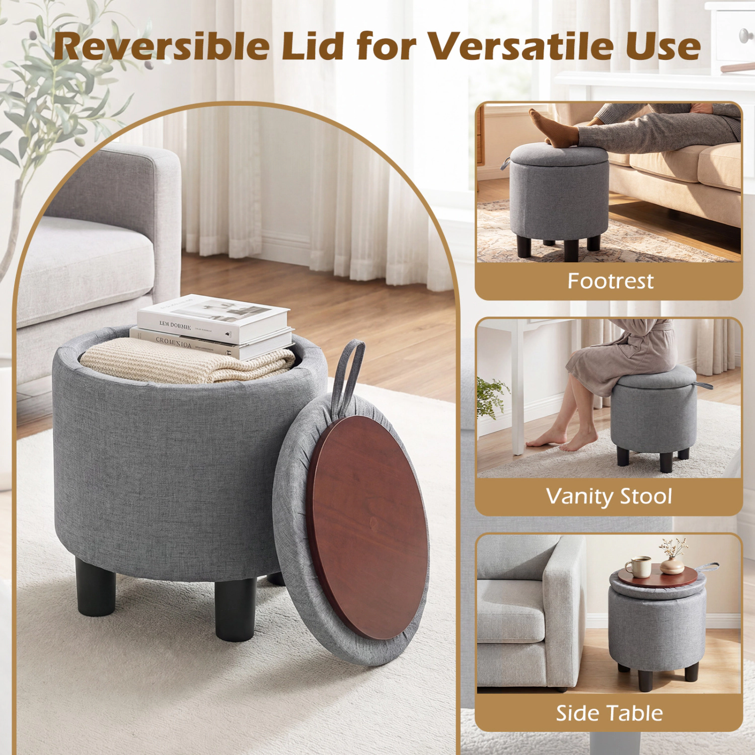 Glintex Round Linen Storage Ottoman with Reversible Lid and 350-Lb Seat