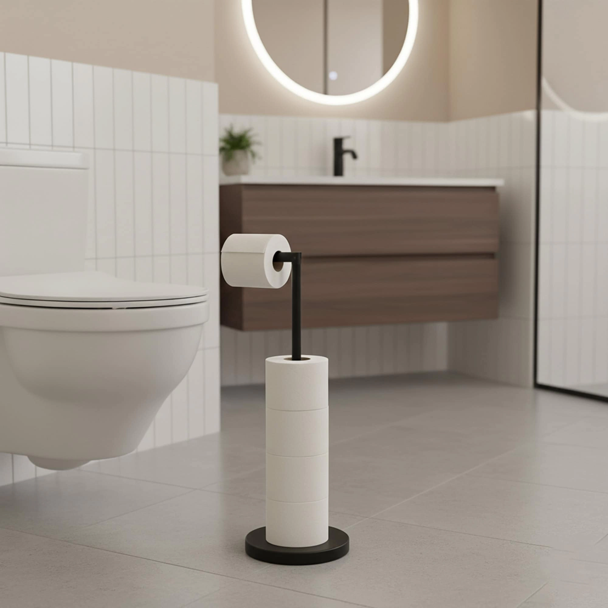 Evideco French Home Goods Freestanding Metal Toilet Paper Holder - Folding Arm, Weighted Base, 22" High