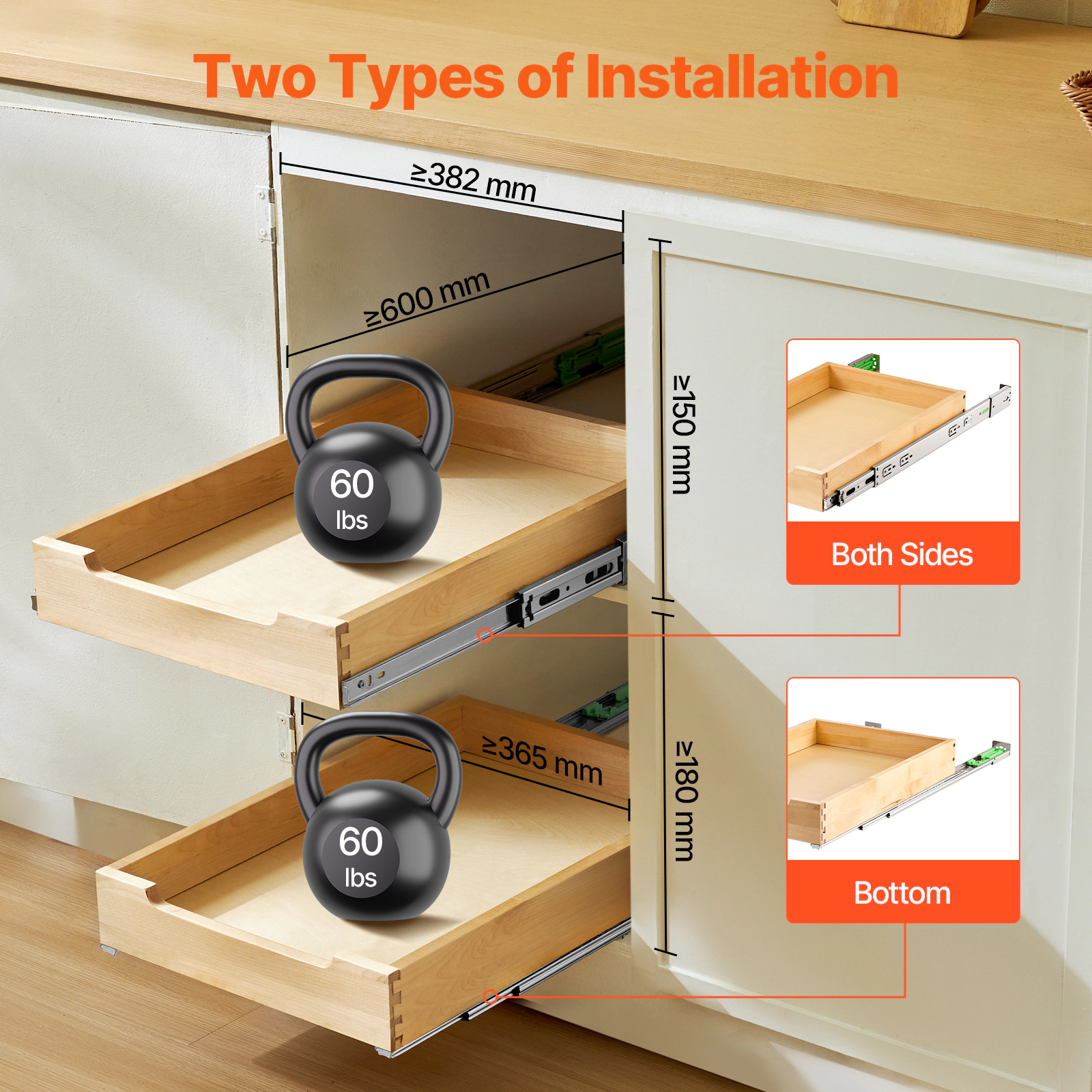 HONGGE Pull Out Cabinet Organizer Cabinet Drawer Soft Close Slide out Shelf Heavy-Duty Sliding Wood Drawer Bottom and