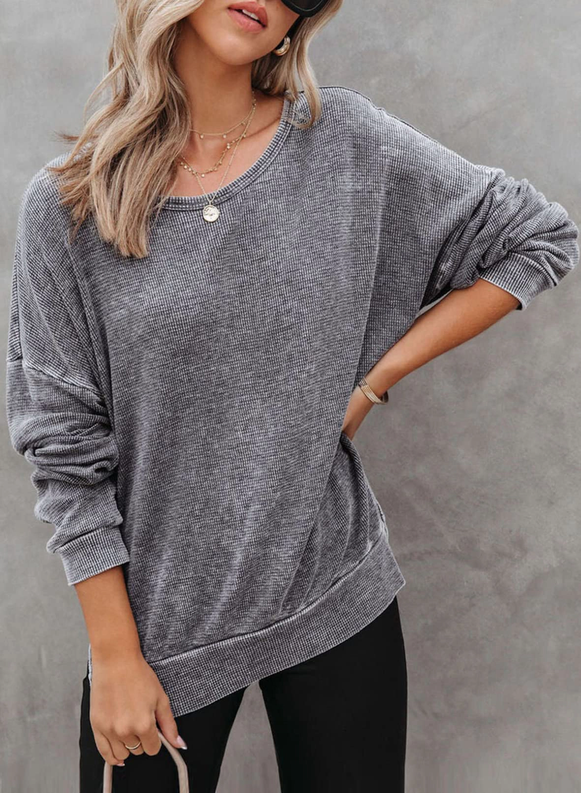 KOJOOIN Oversized Hoodies for Women Crewneck Waffle Knit Long Sleeve Pullover Fall Tops
