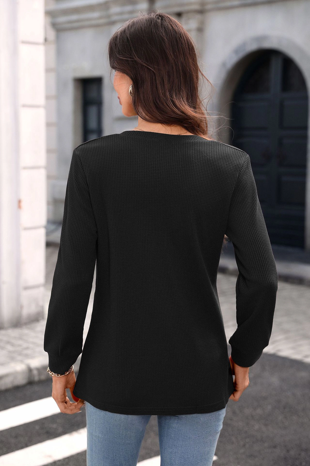 Enchanted Funland Womens Notched V‑Neck Waffle Knit Henley Button Long Sleeve Tops