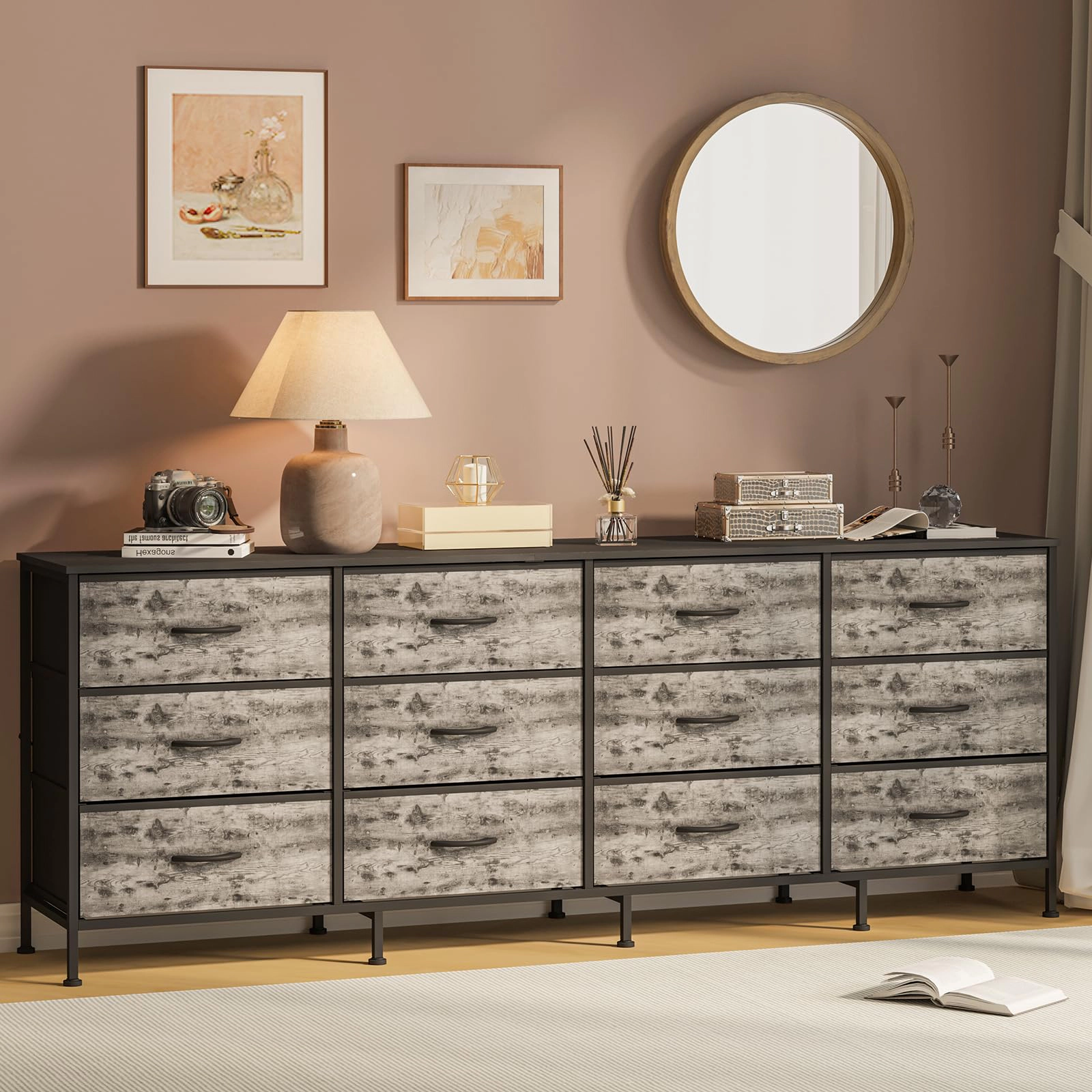 70.8" 12 Drawer Fabric Dresser TV Stand for Up to 80" with Wood Top