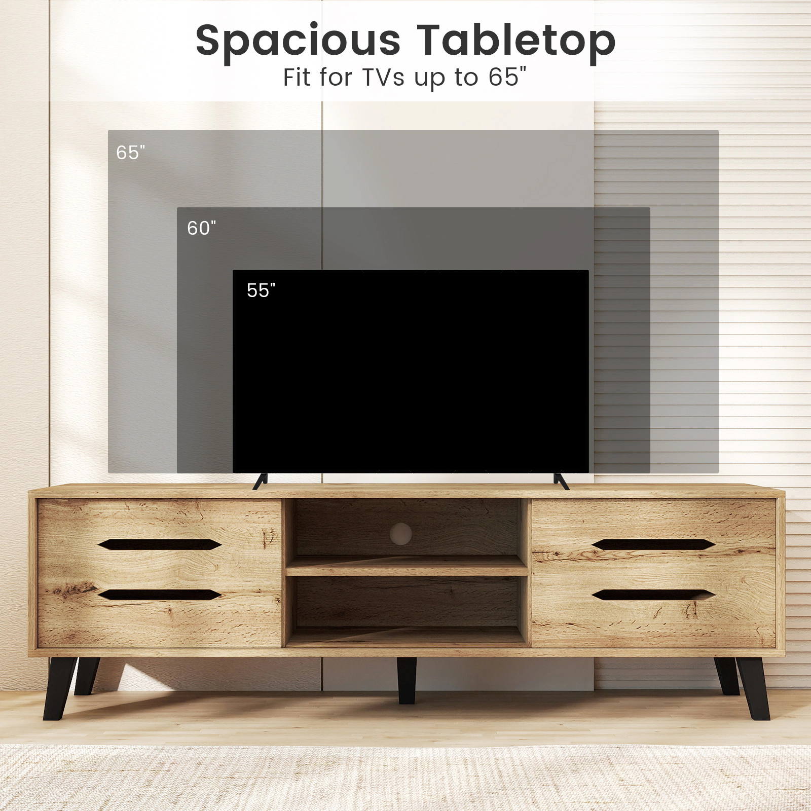 Glintex 59-Inch TV Stand with Hollow-Out Sliding Doors and Cable Hole, Natural