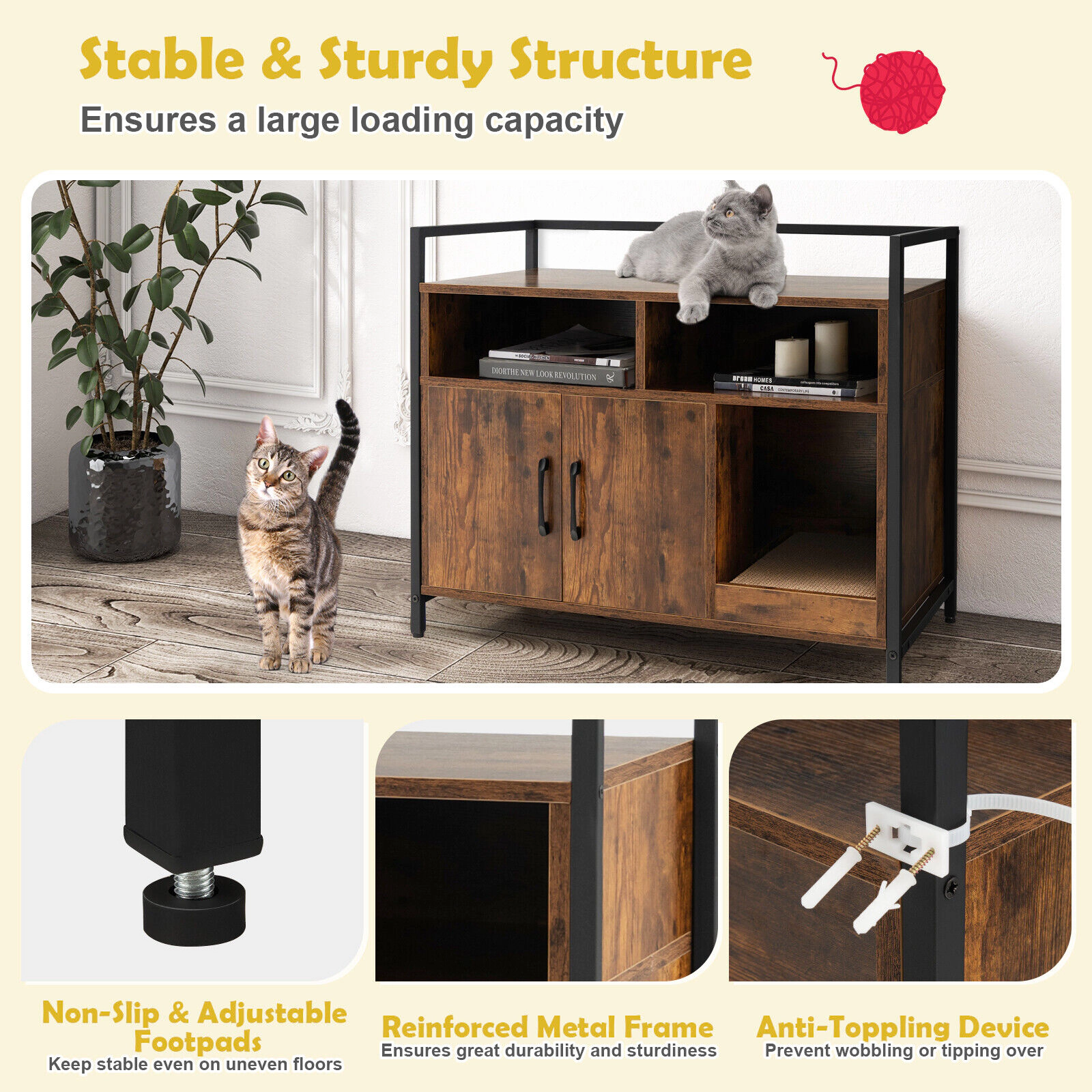 SUGIFT Hidden Cat Washroom Cabinet with Double Doors and Scratch Cardboard 110-lb Tabletop Capacity Coffee
