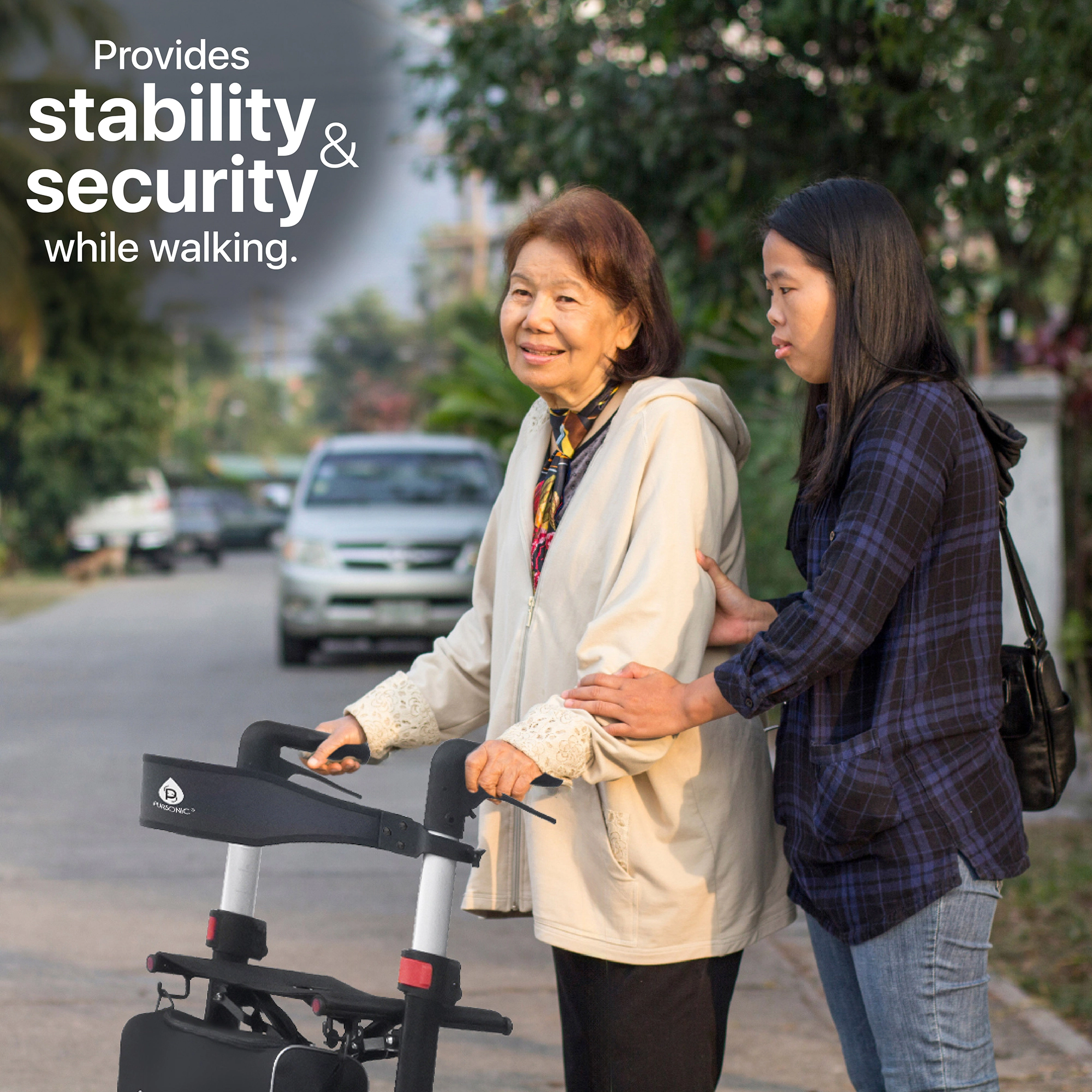 Pursonic Foldable Wheeled Walker with Adjustable Height, 9-Inch Front and 8-Inch Rear Wheels, 300 lb Capacity