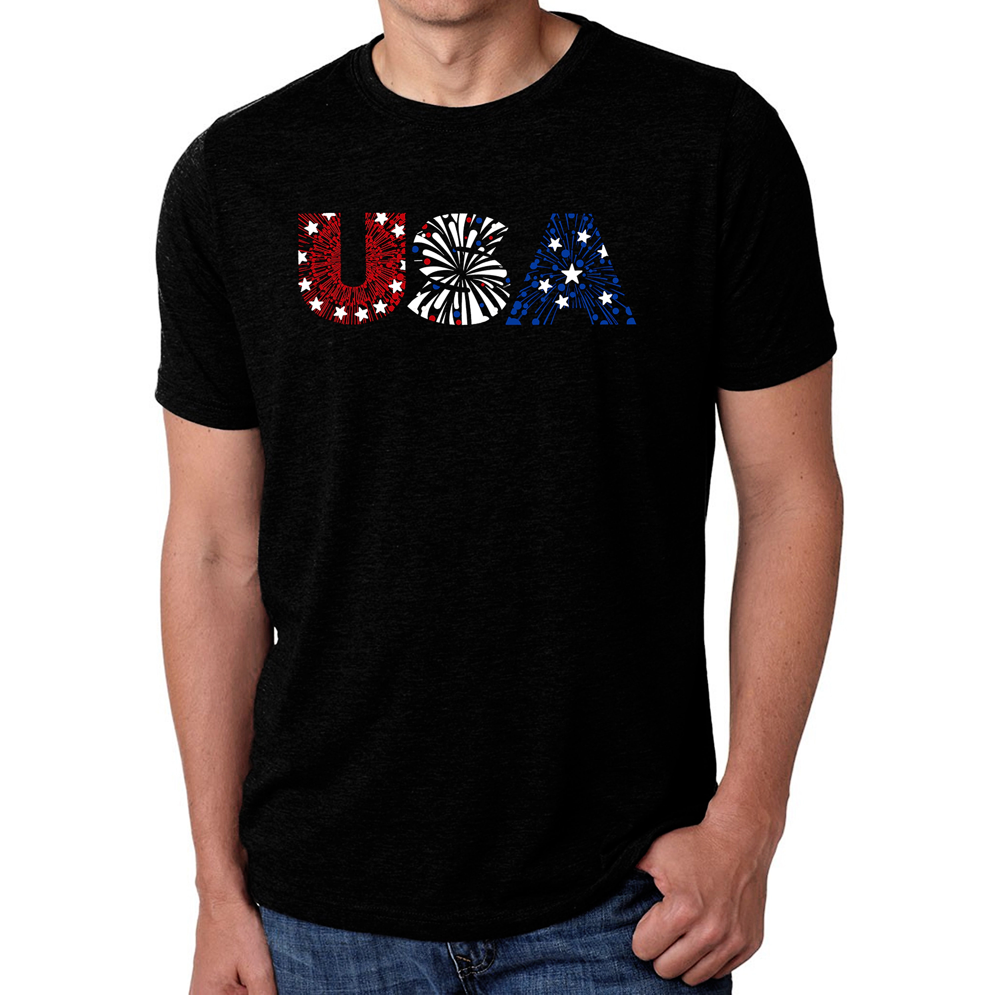 LA Pop Art Men's Cotton-Poly USA Fireworks Word T-Shirt