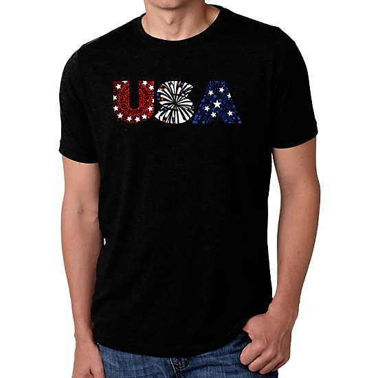 LA Pop Art Men's Cotton/Poly Blend Word Art T-Shirt - USA Fireworks