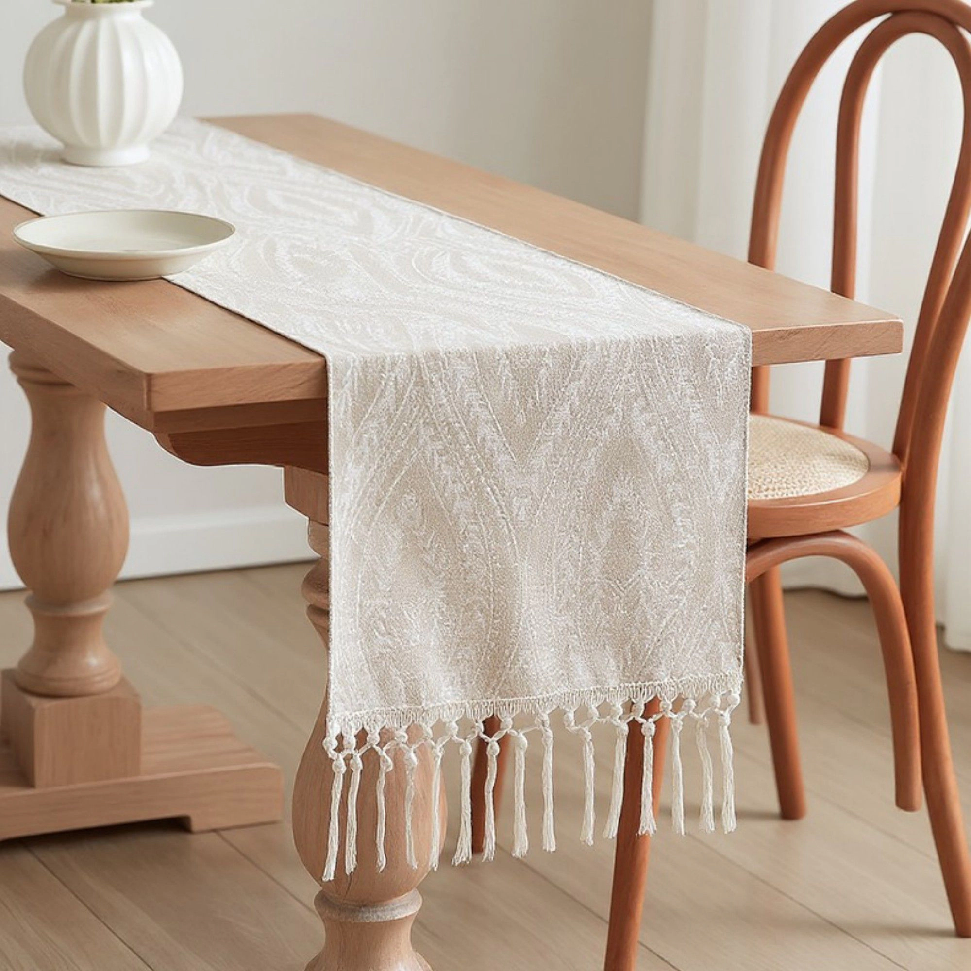 Alilang Women Textured Pattern Table Runner with Tassel Fringe and Woven Detailing 13.5x55in