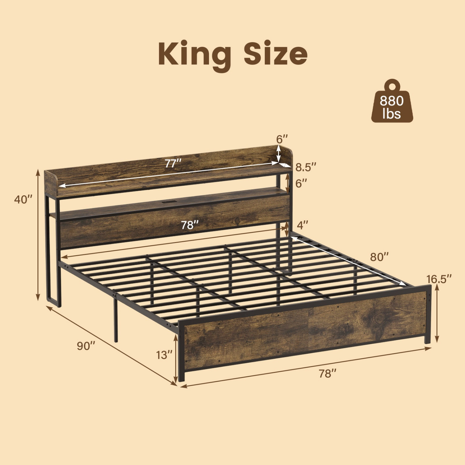SUGIFT Rustic Brown Power Outlets Storage Headboard and Remote King Size LED Bed Frame