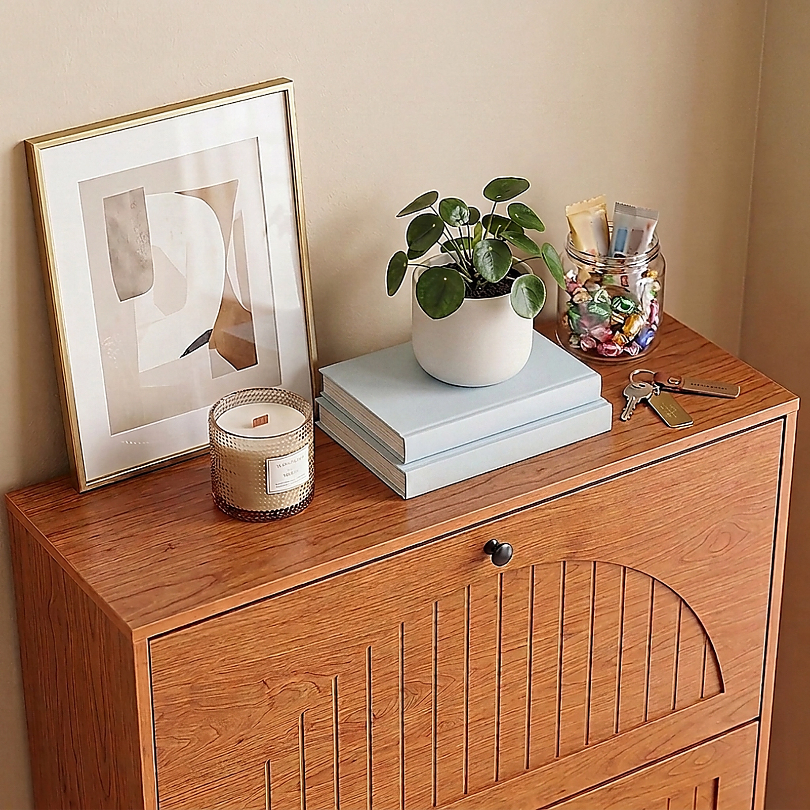 SUGIFT Oak Narrow Shoe Rack Cabinet with 2 Flip Drawers and Removable Shelves 31.5-in W 9.5-in D 66-lb Top