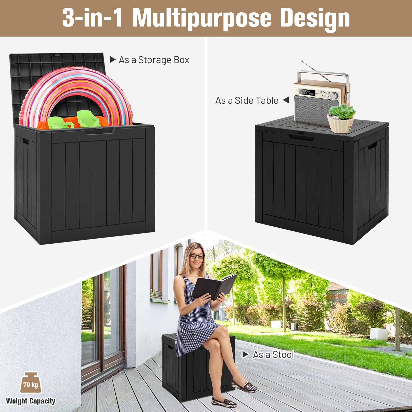 SUGIFT 30-Gallon Wood Grain PP Resin Lift-Top Outdoor Patio Deck Storage Box 22-in x 17-in x 21-in 154-lb Seat Black