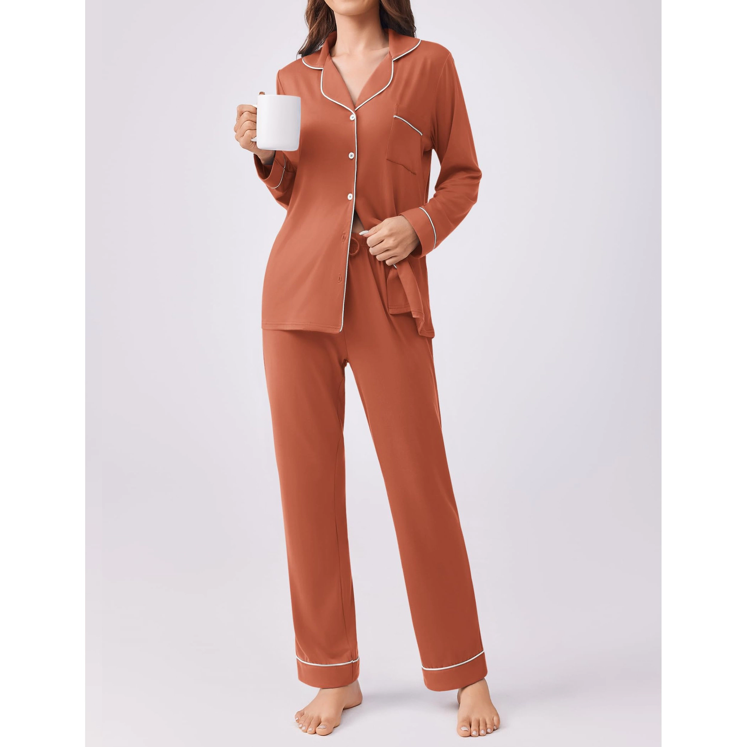 Ekouaer Womens Pajamas Set 2 Piece Button Down Sleepwear Soft Long Sleeve Top and Pants Pjs Lounge