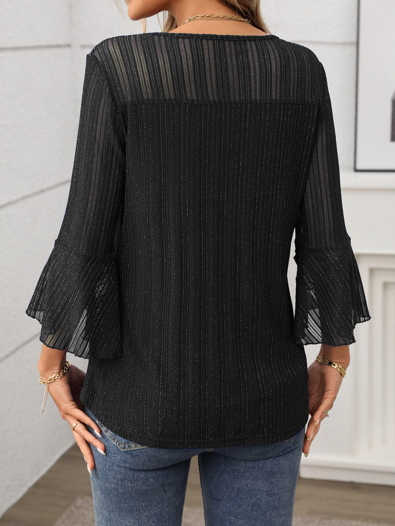Premium Charms Womens 3/4 Bell Sleeve Pleated Blouse Loose Tunic Top