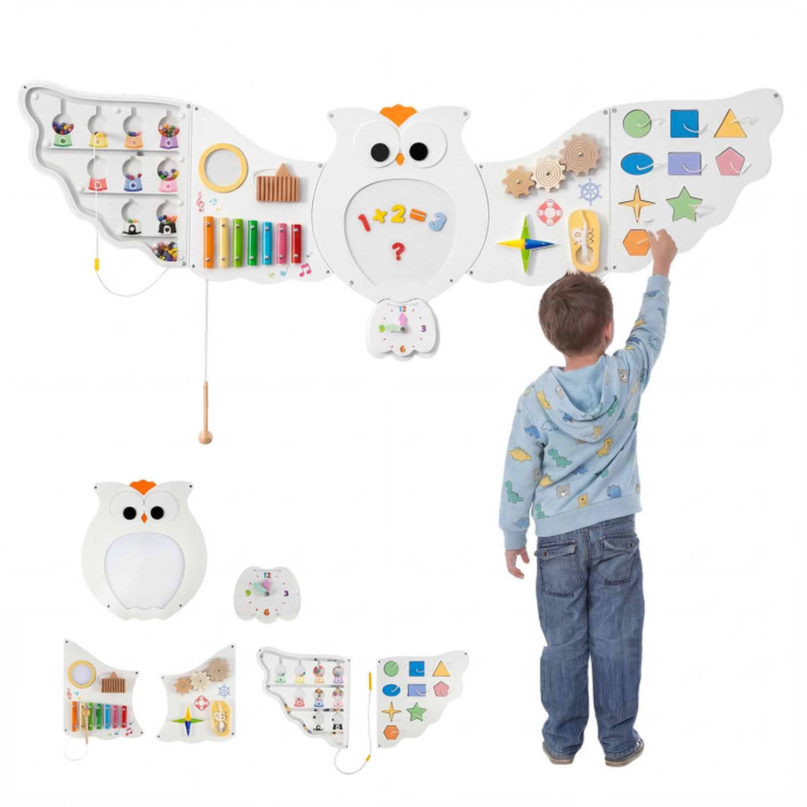 SUGIFT 11-in-1 56-in Owl Montessori Busy Board Wall Panel Set with Magnetic Math Board and 6 Panels