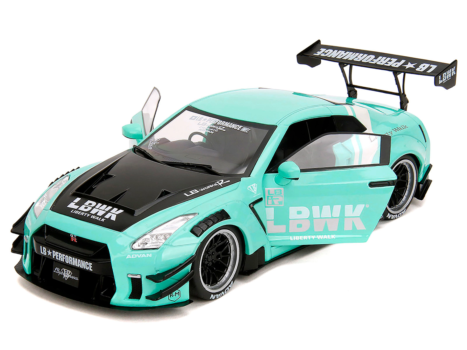 Jada Nissan GT-R (R35) Liberty Walk Body Kit 2.0 RHD (Right Hand Drive) Light Blue with Black Hood and White