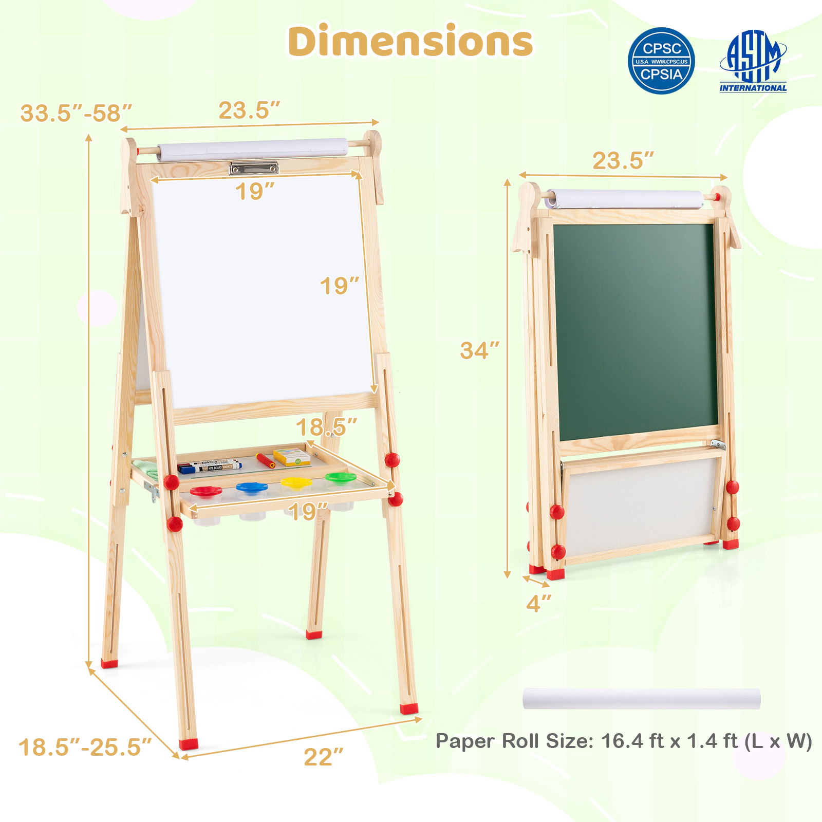 3-in-1 Folding Wooden Art Easel for Kids Ages 3 to 14 Magnetic Whiteboard Chalkboard 88-Piece Kit 16.4-ft Paper Roll