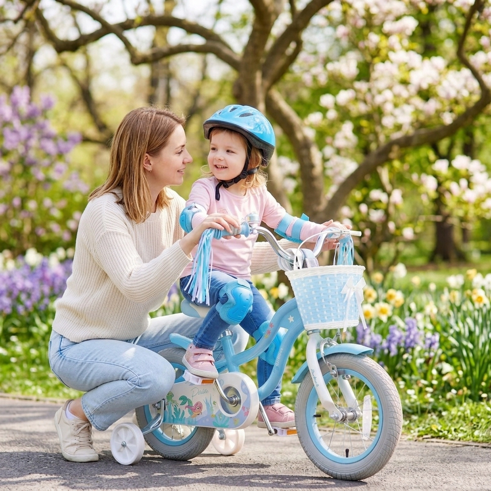 12-in Girls Bike with Removable Basket Streamers and Training Wheels for Ages 3-4 Mermaid Graphics Kids Bicycle
