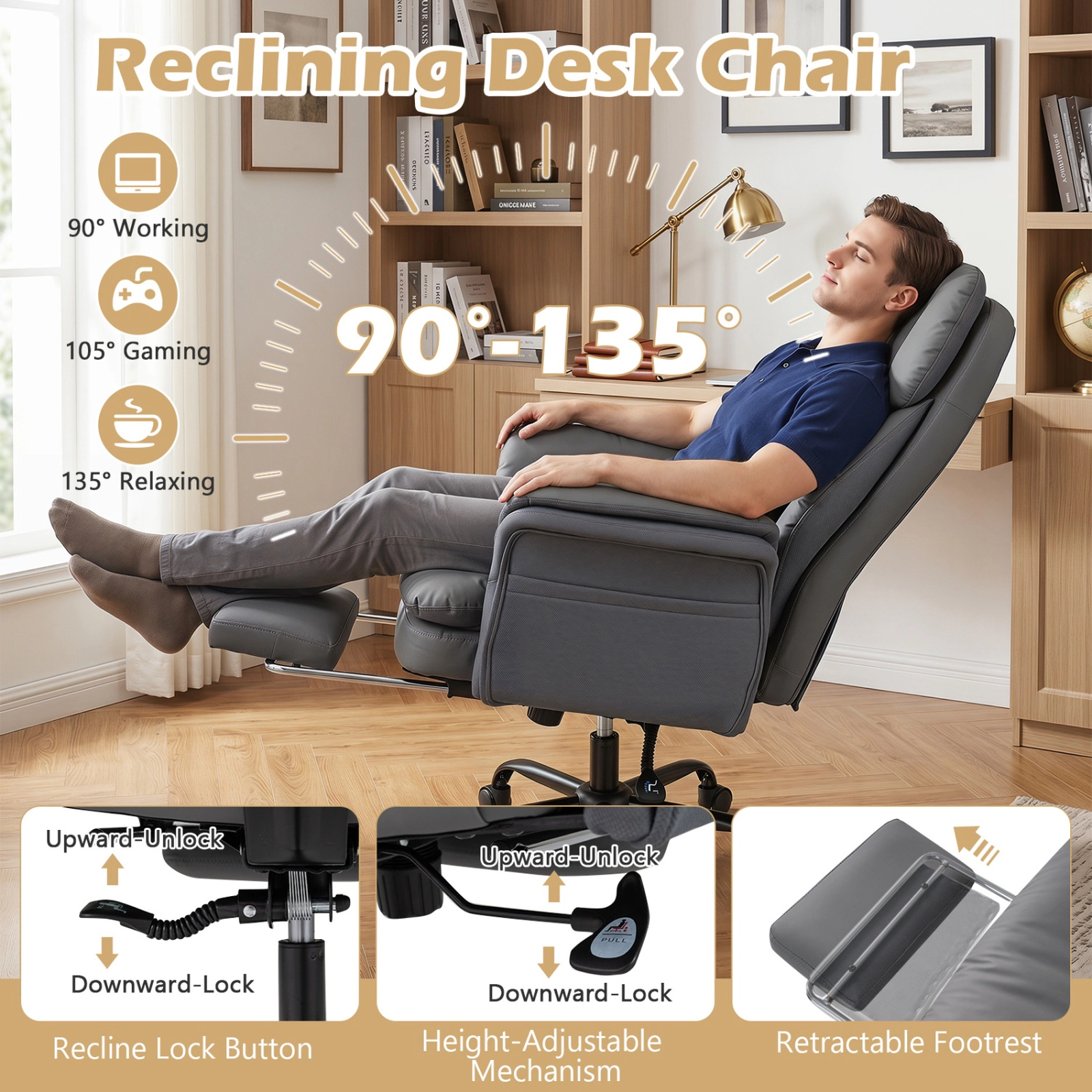 SUGIFT Ergonomic Cross Legged Executive Office Chair 500-lb Capacity with Retractable Footrest Gray