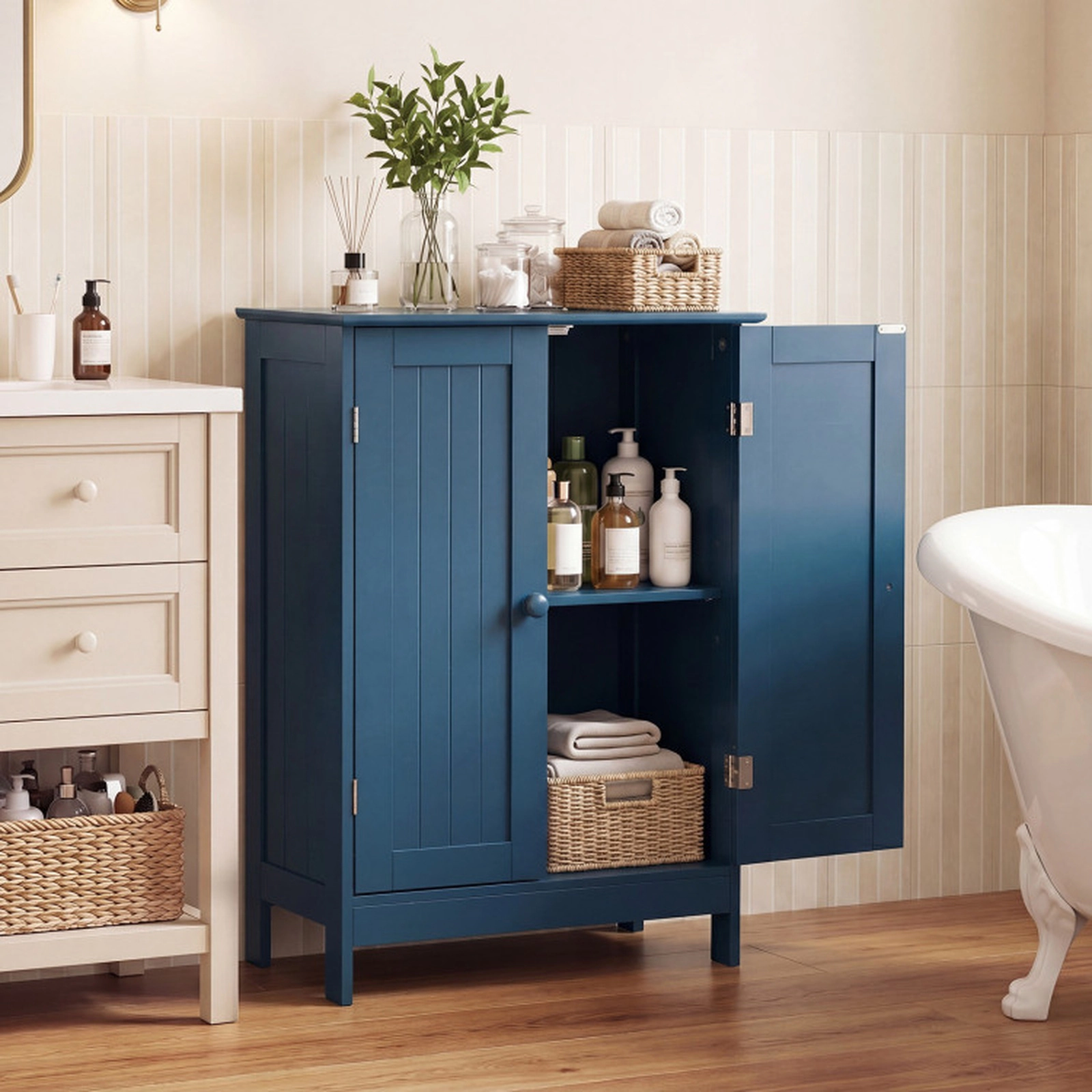 SUGIFT 2-Door Freestanding Fluted Wooden Bathroom Floor Cabinet 24-in x 14-in x 34.5-in 176-lb Top Capacity Blue
