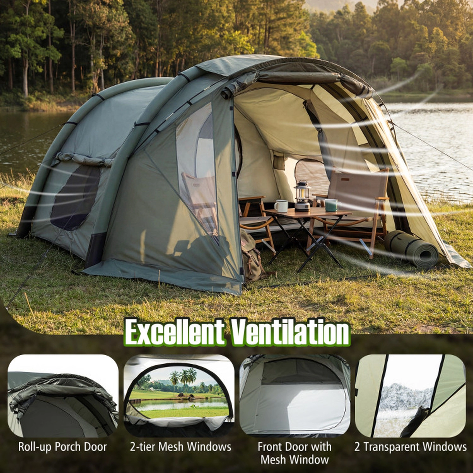 SUGIFT 5-7 Person Green Inflatable Camping Tent with Screened Porch and Hand Pump 13-ft W 9.5-ft D 5.4-ft H