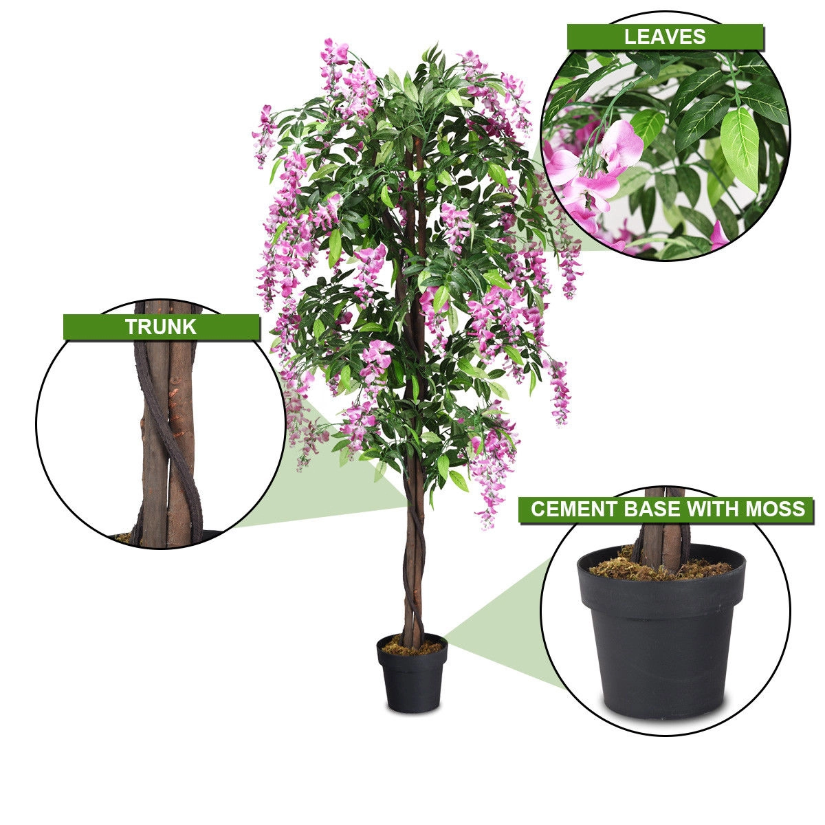SUGIFT 6-ft Artificial Wisteria Tree with 2 Wood Trunks and 1260 Leaves in Moss Topped Pot in Purple