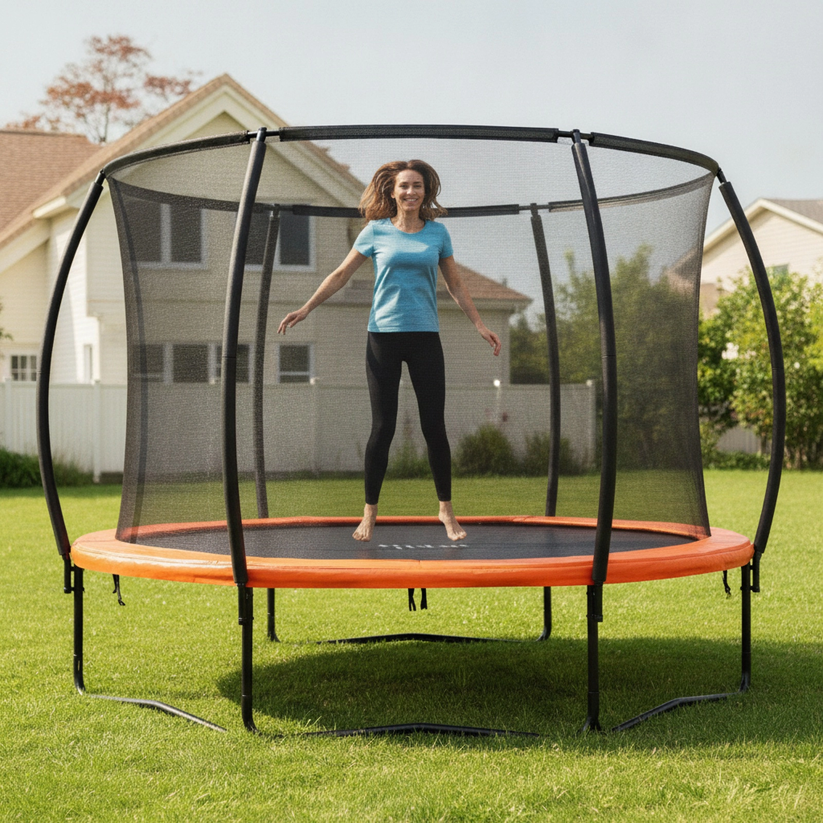 8-ft Trampoline Enclosure Net Ladder 880-lb Static Capacity Curved Legs Heavy-Duty Galvanized Trampoline Orange