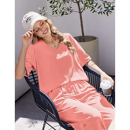 Ekouaer Womens Cotton Pajama Sets Soft Short Sleeve Pajamas Long Pants Set Breathable Loungewear